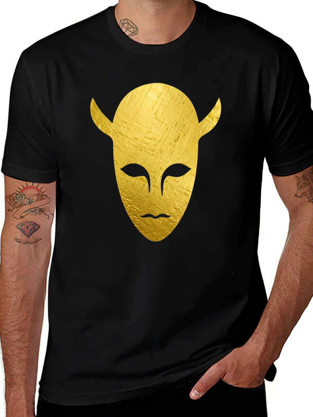 Golden Horned Mask Graphic Tee - Black T-Shirt