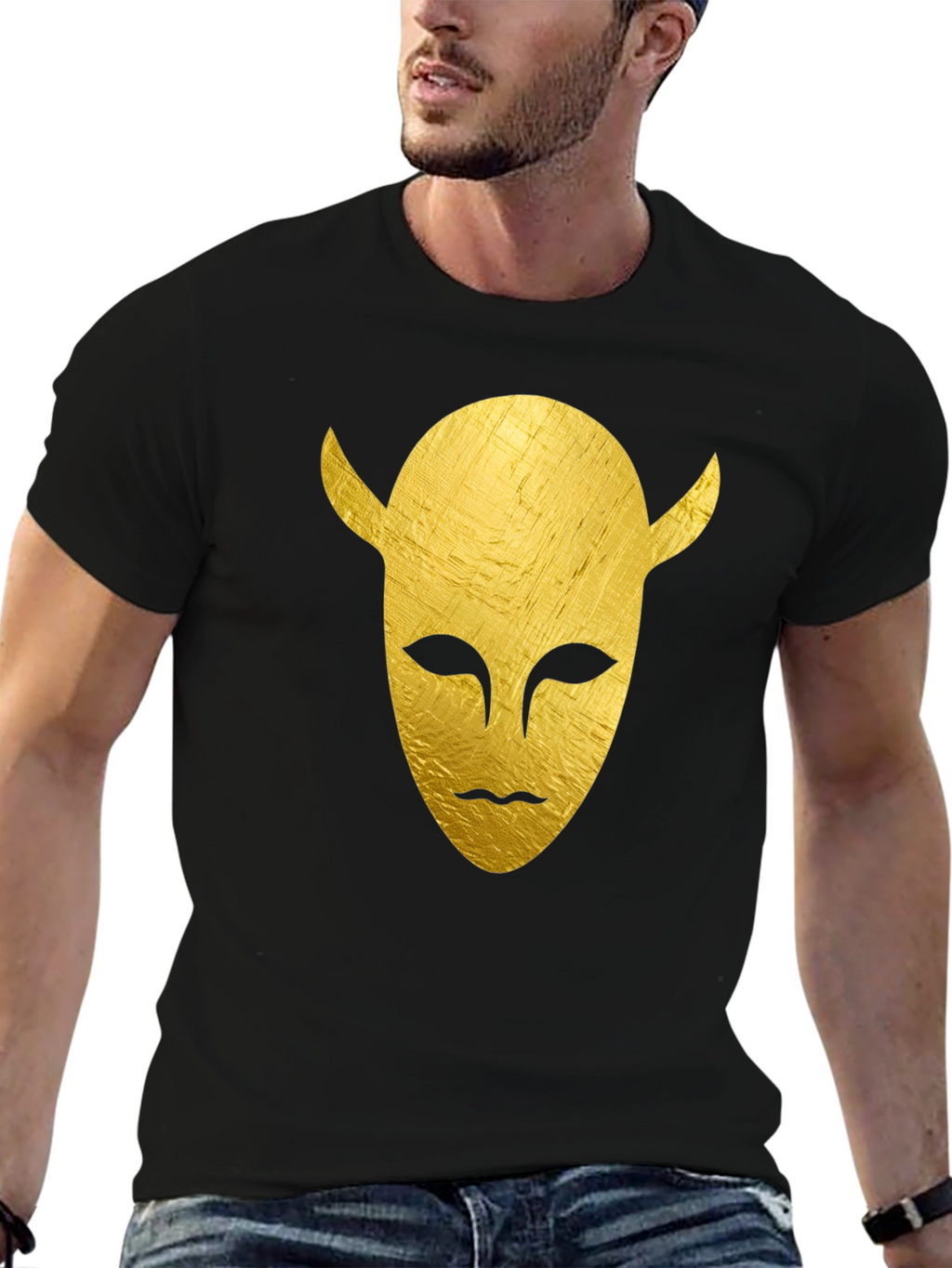 Golden Horned Mask Graphic Tee - Black T-Shirt