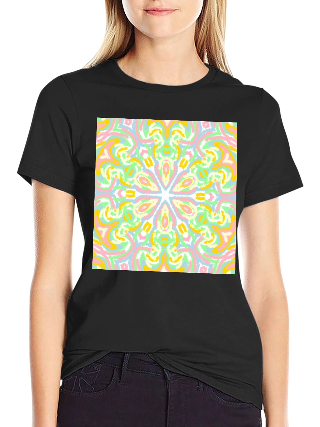 Colorful Mandala Graphic Tee - Black Cotton Casual T-Shirt