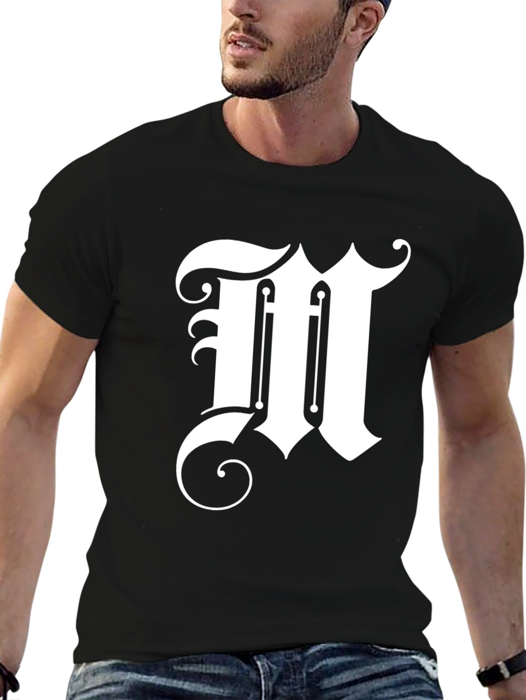 Elegant Letter M Graphic Tee - Black
