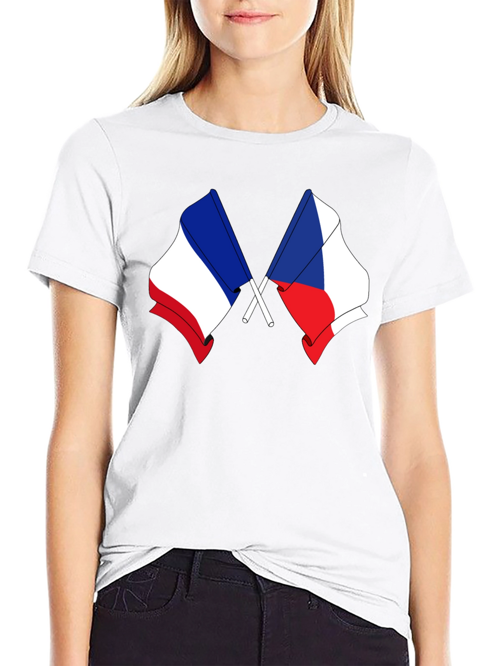 France & Czech Republic Flags Black T-Shirt
