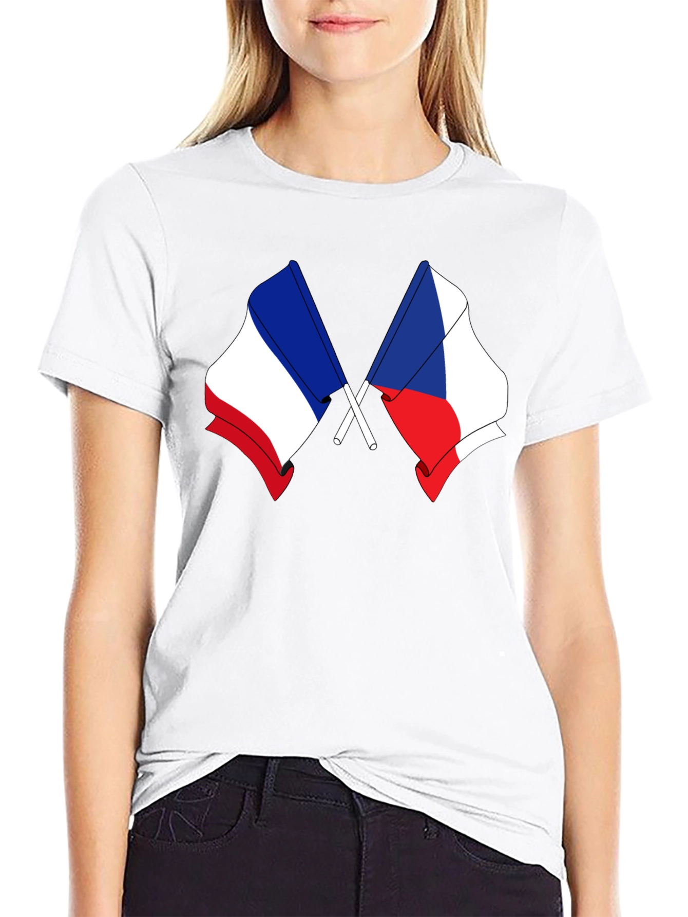 France & Czech Republic Flags Black T-Shirt