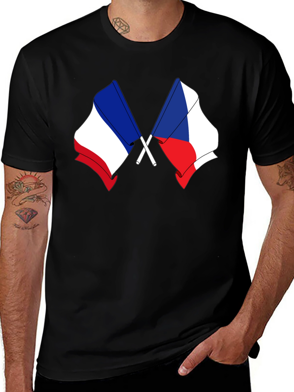 France & Czech Republic Flags Black T-Shirt