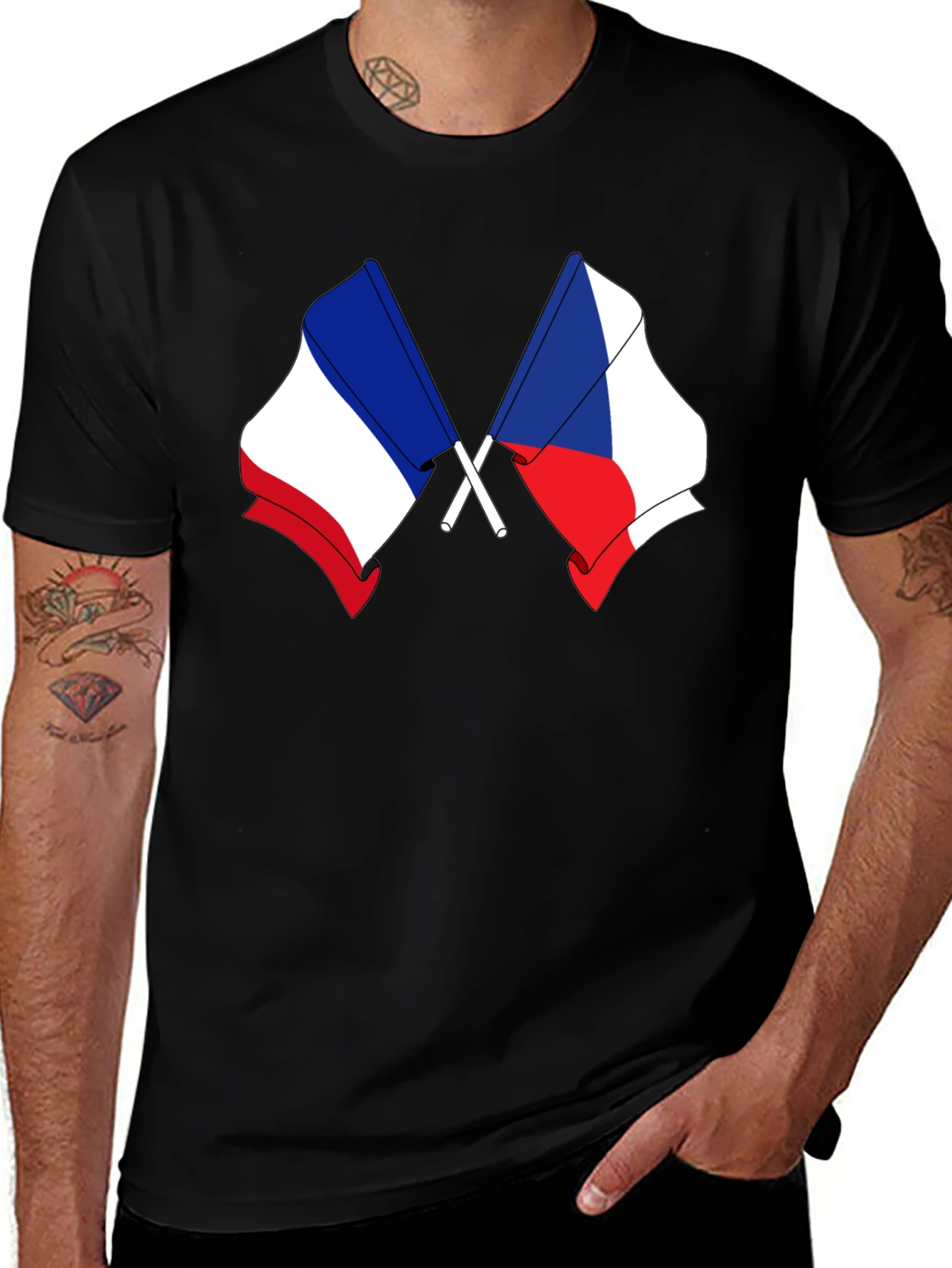 France & Czech Republic Flags Black T-Shirt
