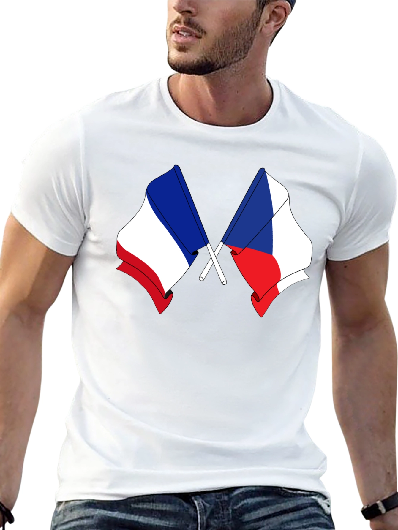 France & Czech Republic Flags Black T-Shirt