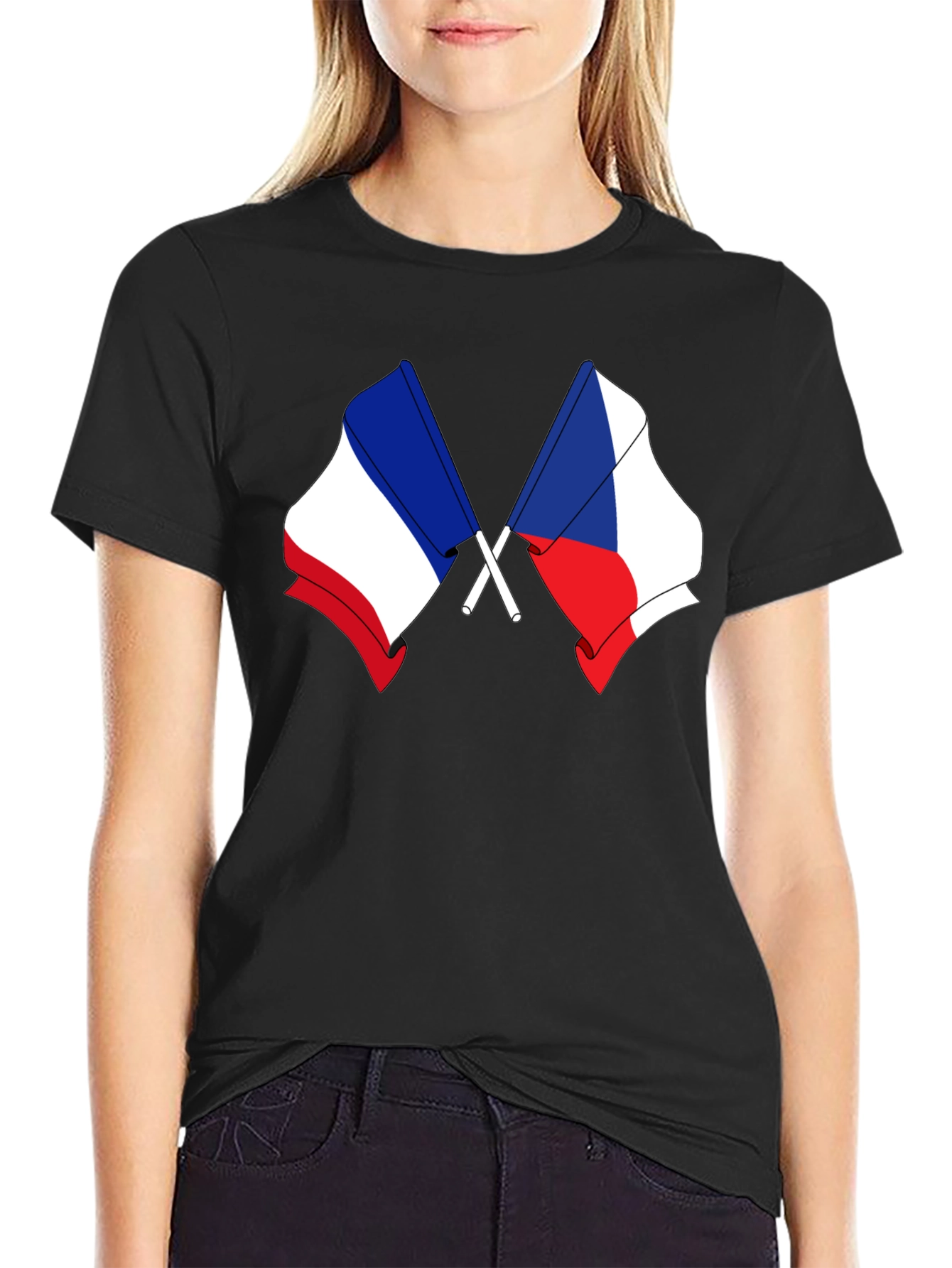 France & Czech Republic Flags Black T-Shirt