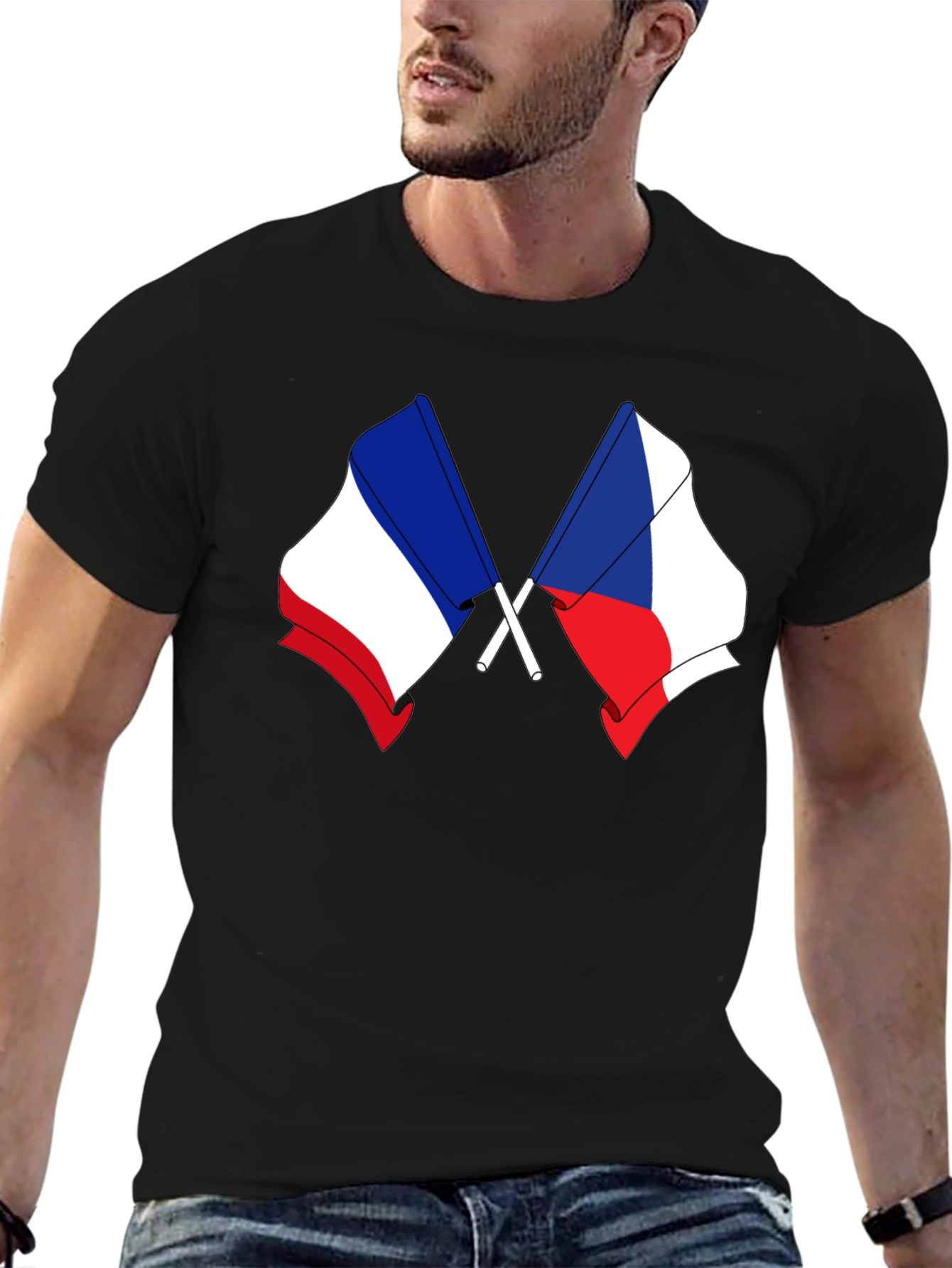 France & Czech Republic Flags Black T-Shirt
