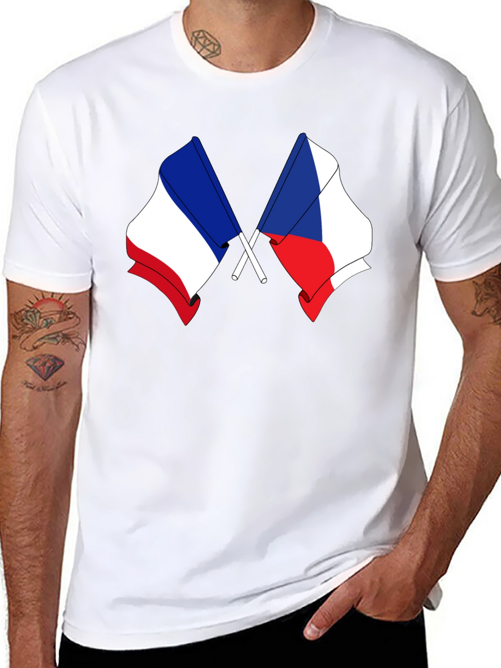 France & Czech Republic Flags Black T-Shirt