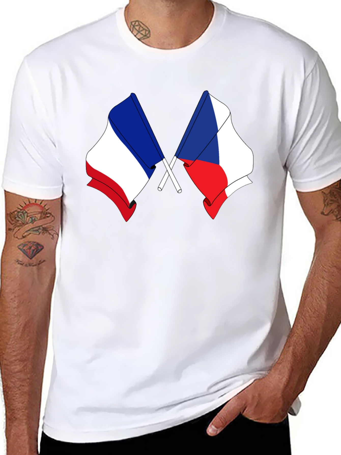 France & Czech Republic Flags Black T-Shirt