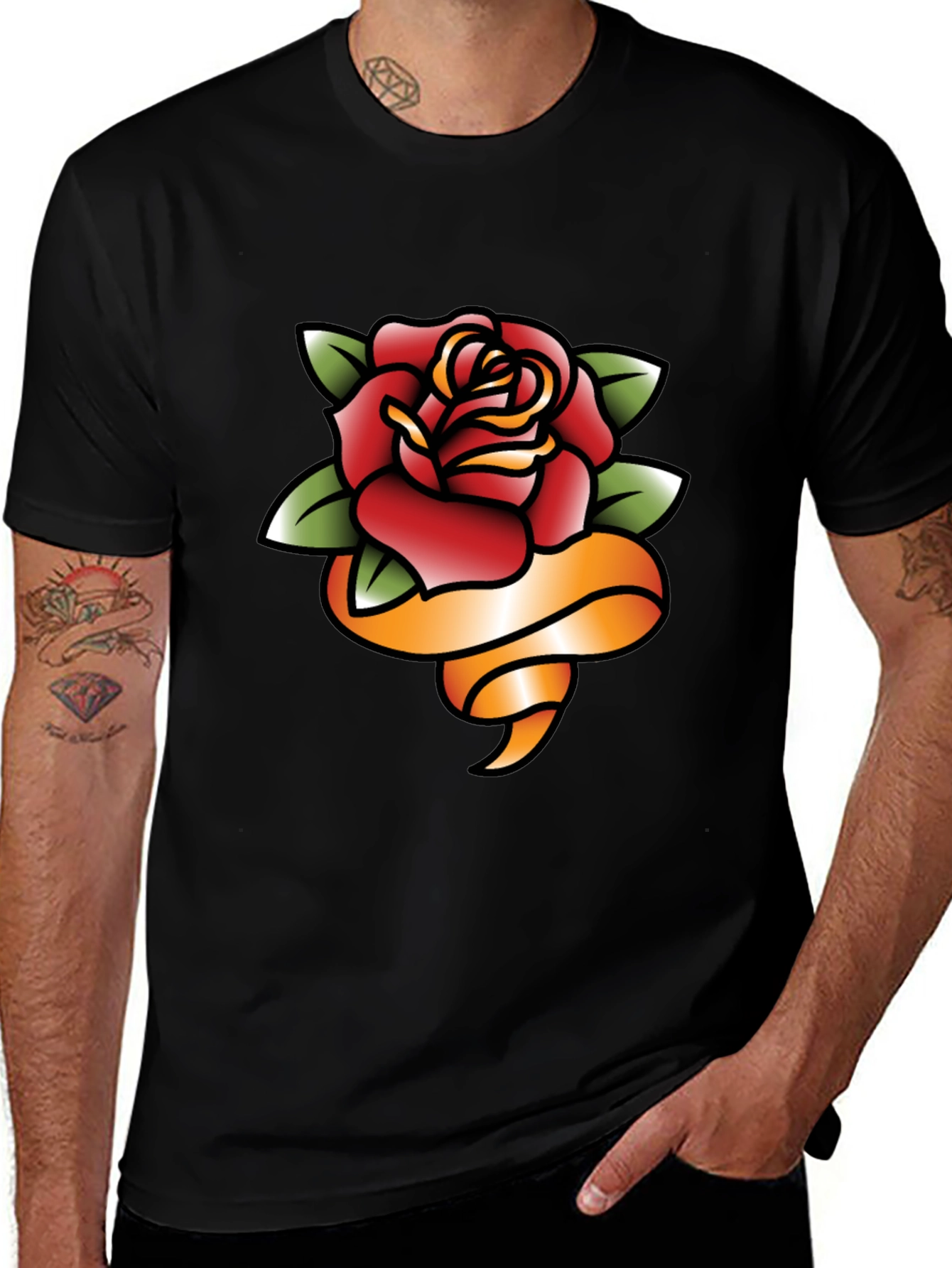 Rose and Ribbon Graphic Tee - Classic Tattoo Style
