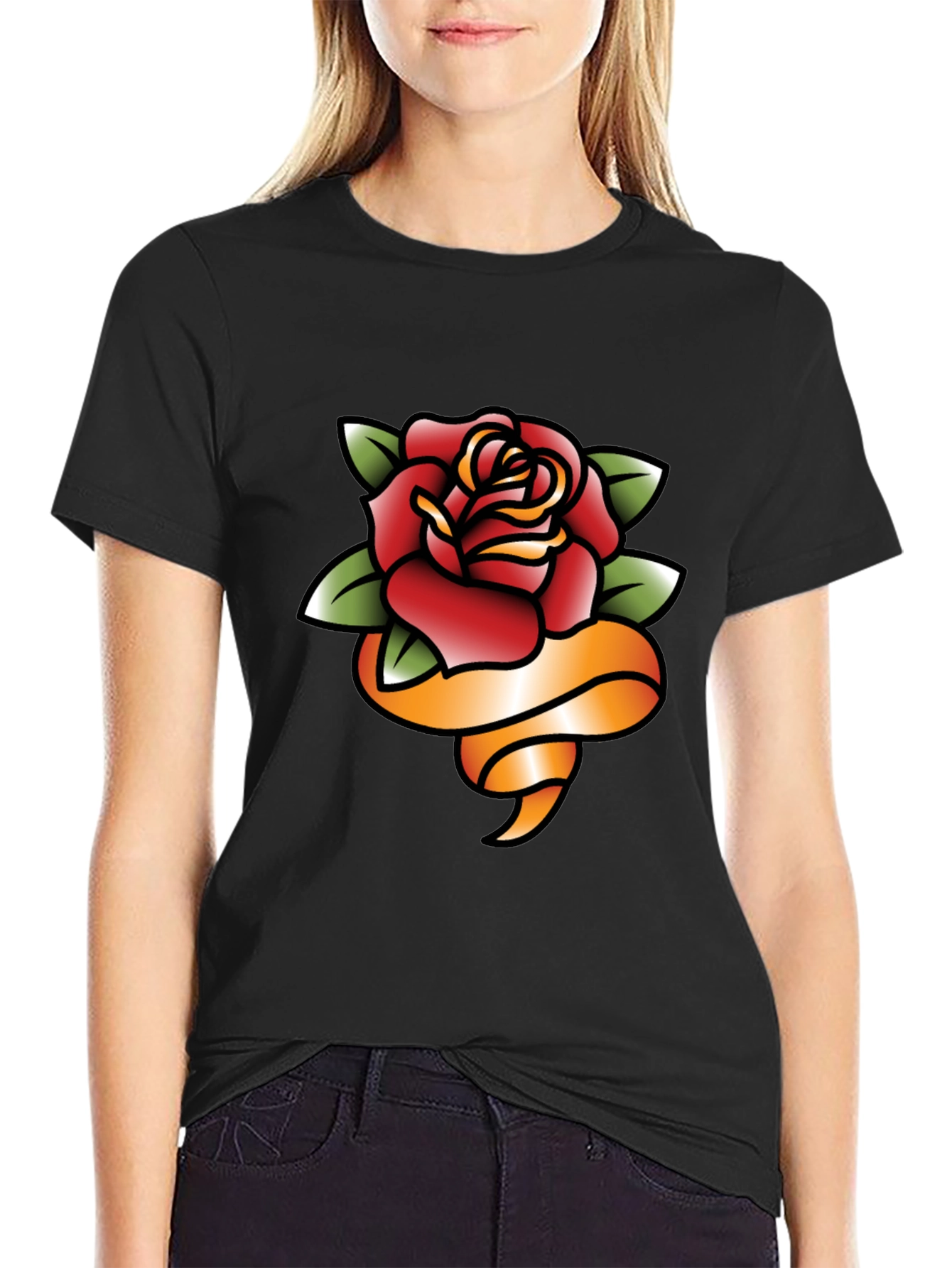 Rose and Ribbon Graphic Tee - Classic Tattoo Style