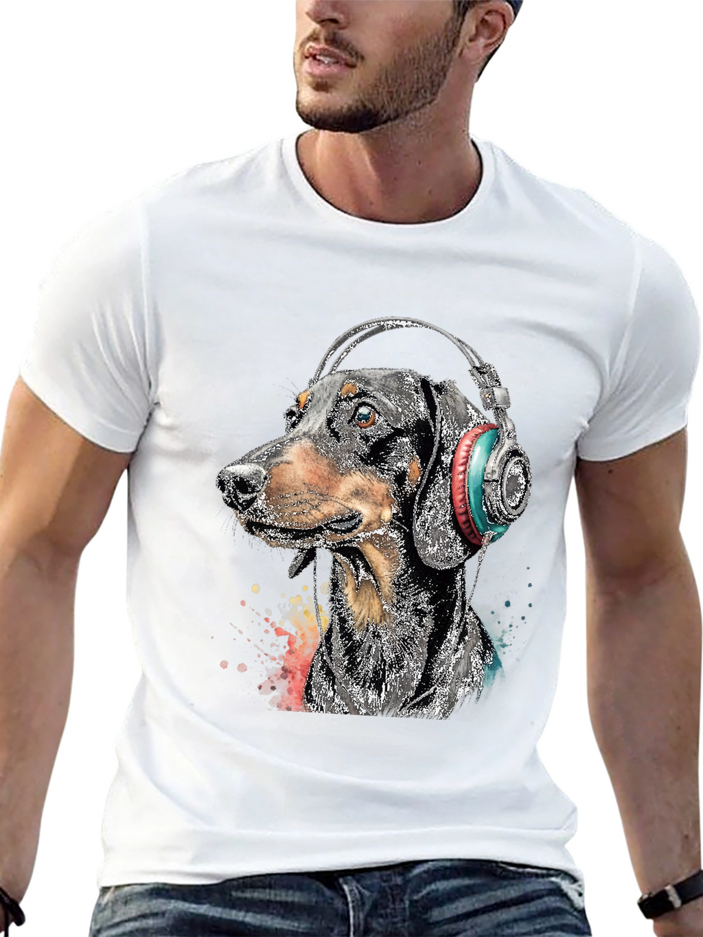 Dachshund DJ Tee - Dog with Headphones Black T-Shirt