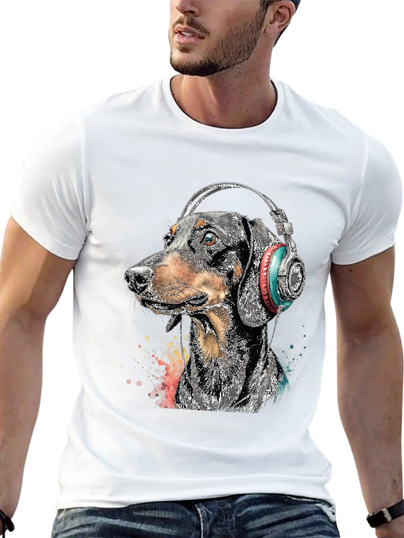 Dachshund DJ Tee - Dog with Headphones Black T-Shirt