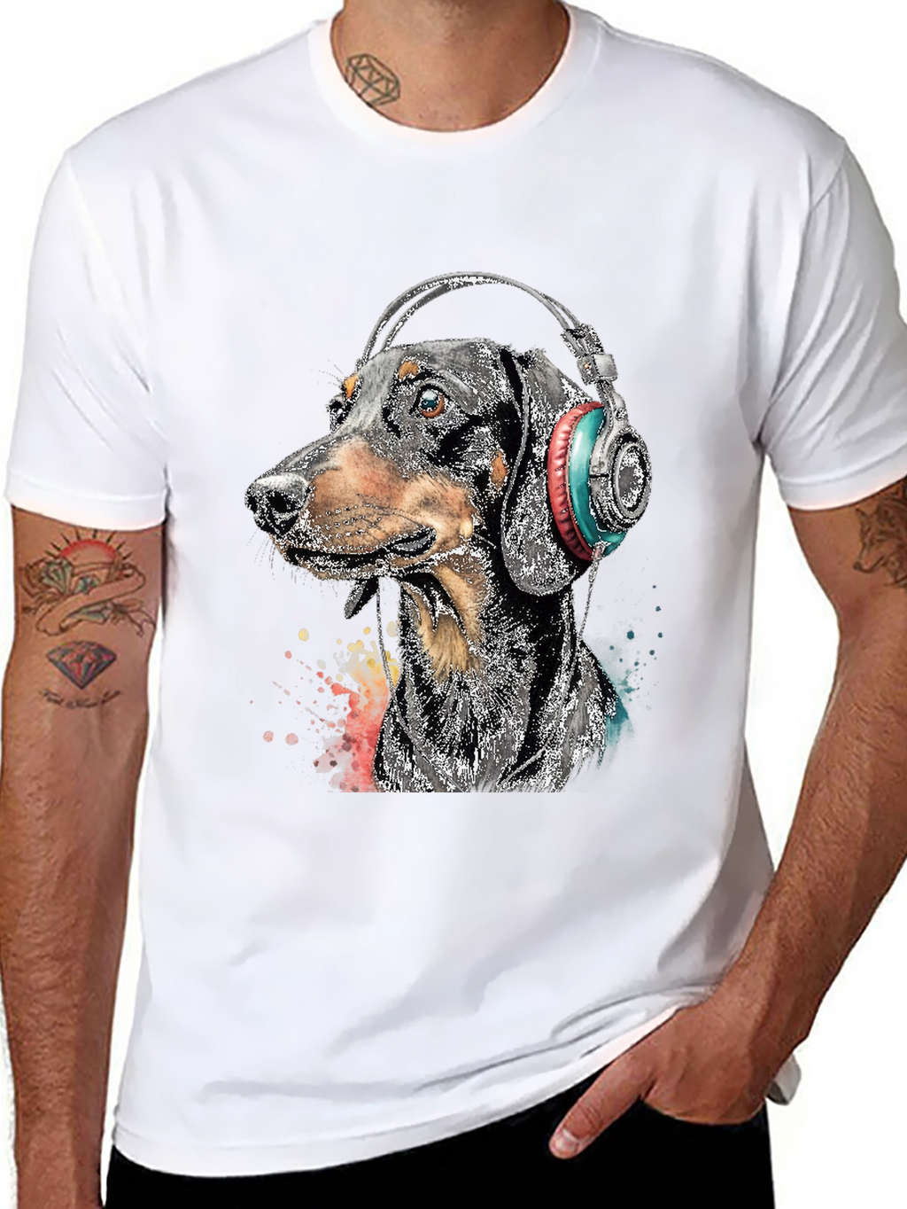 Dachshund DJ Tee - Dog with Headphones Black T-Shirt
