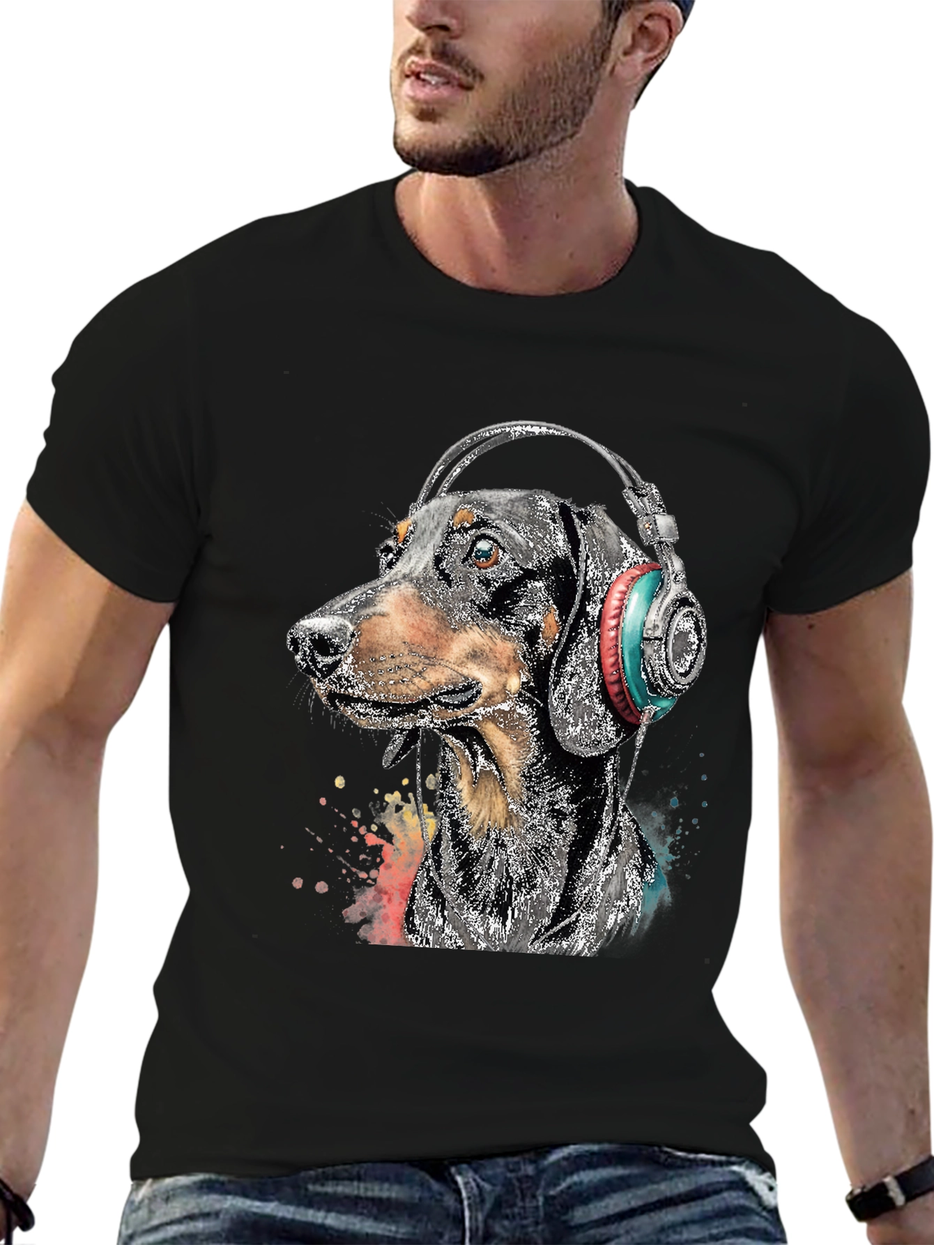 Dachshund DJ Tee - Dog with Headphones Black T-Shirt