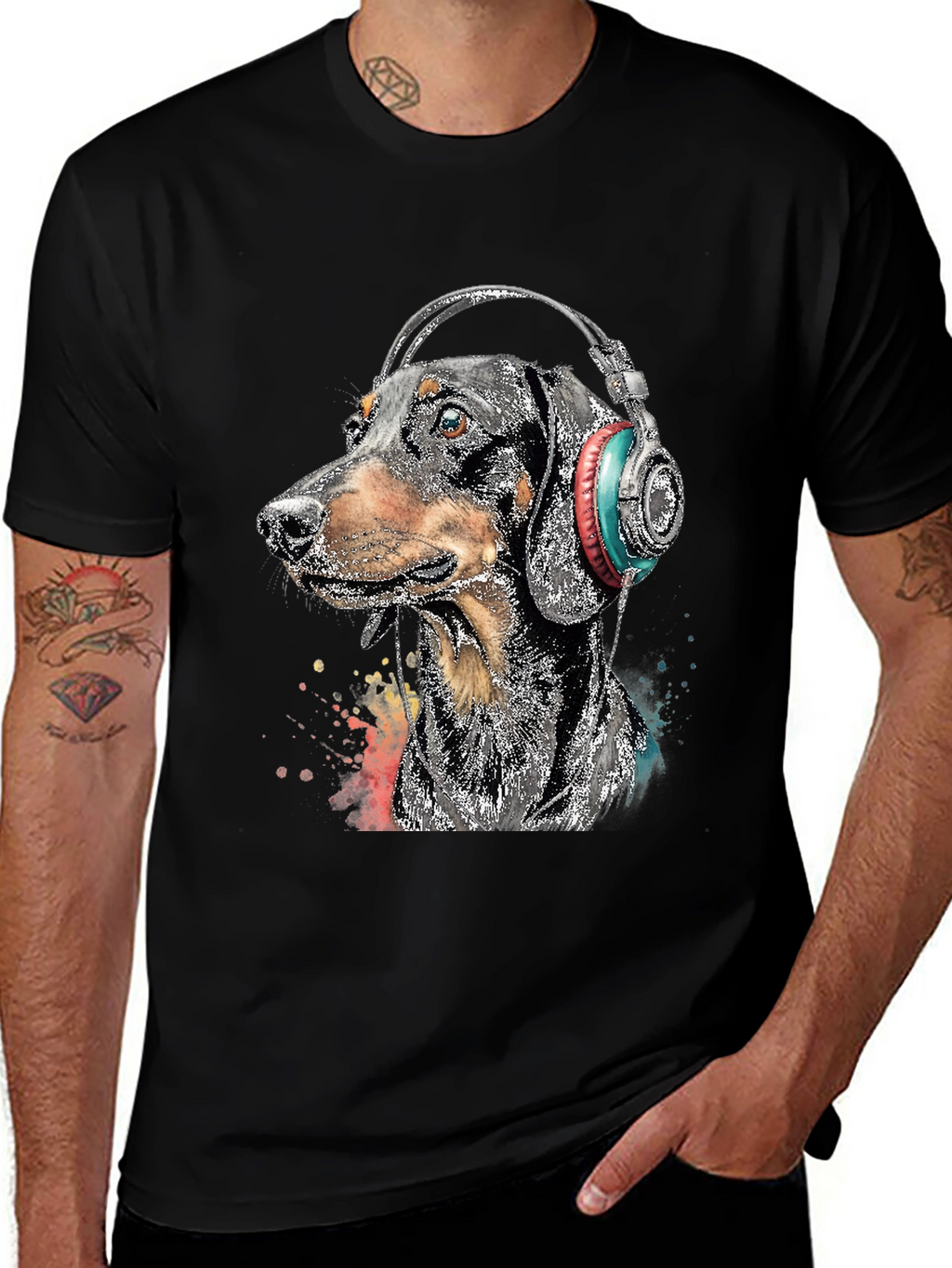 Dachshund DJ Tee - Dog with Headphones Black T-Shirt