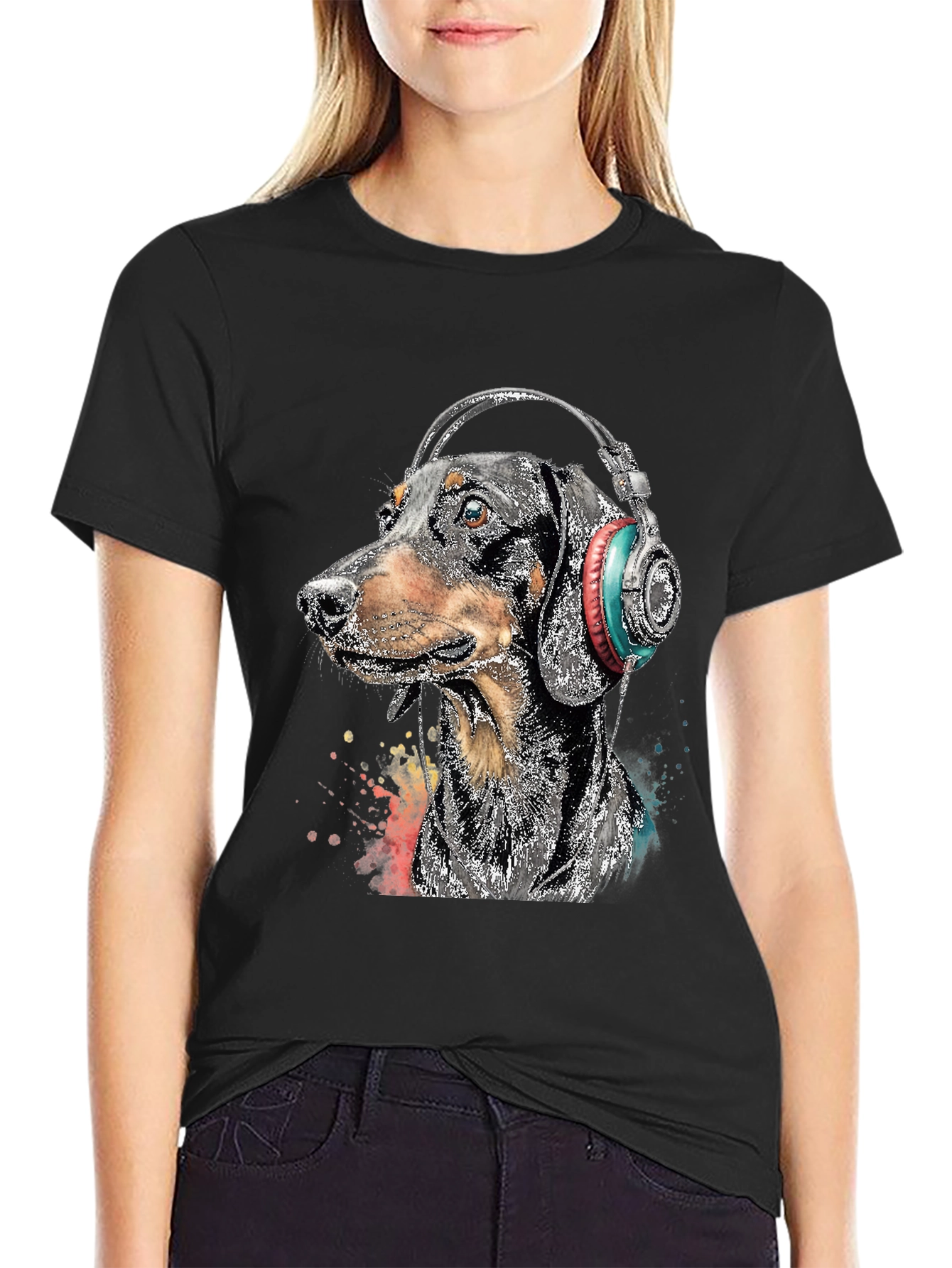 Dachshund DJ Tee - Dog with Headphones Black T-Shirt