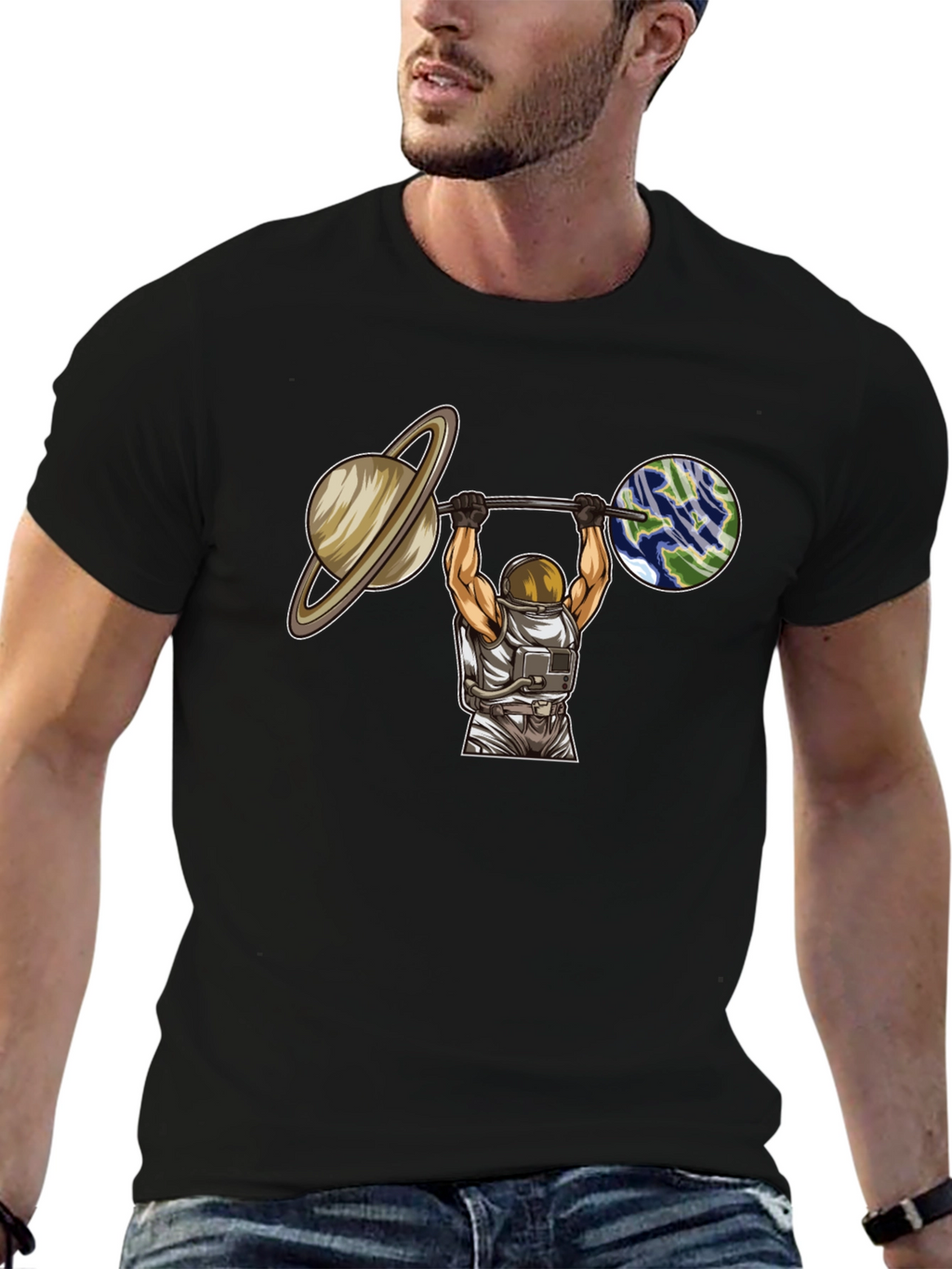Astronaut Lifting Planets Graphic T-Shirt
