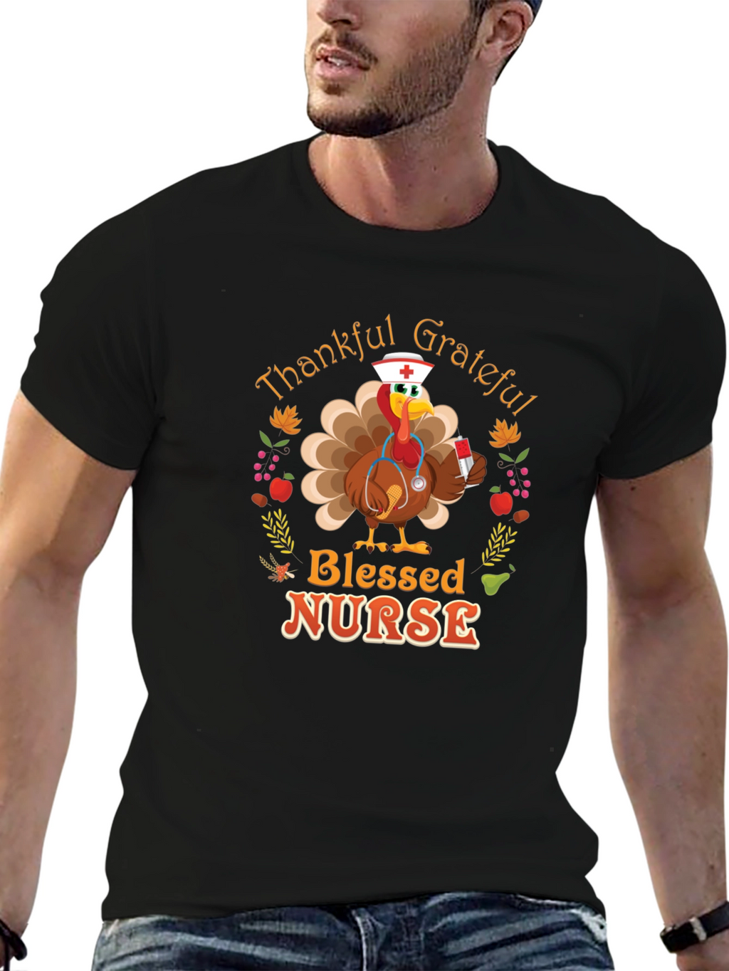 Thankful Grateful Blessed Nurse Turkey Thanksgiving T-Shirt