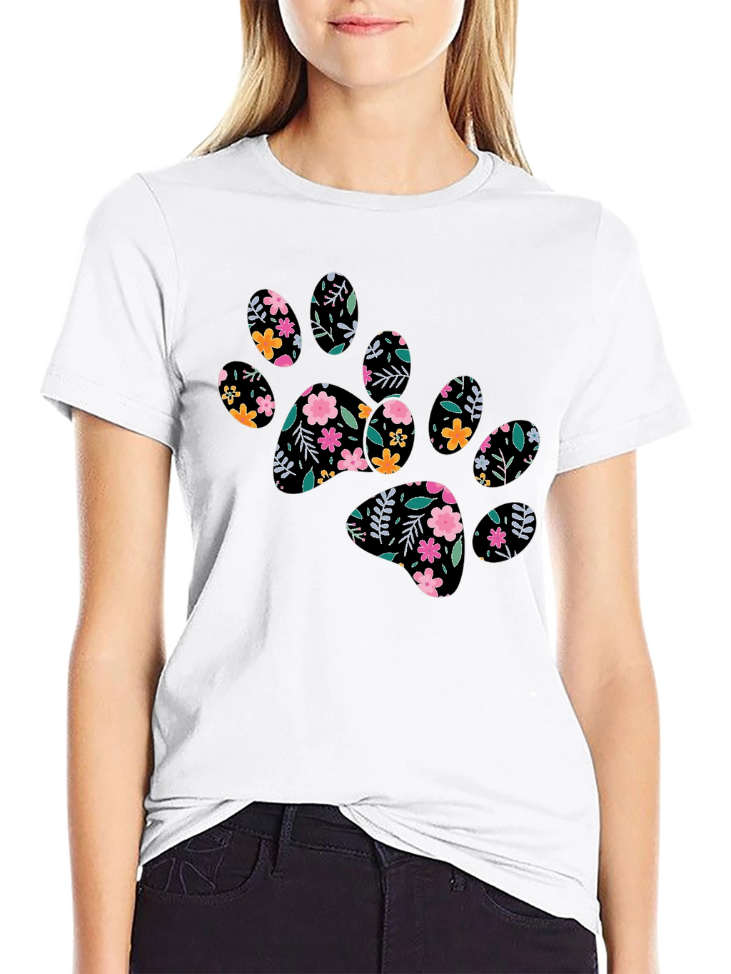 Floral Paw Print Black T-Shirt