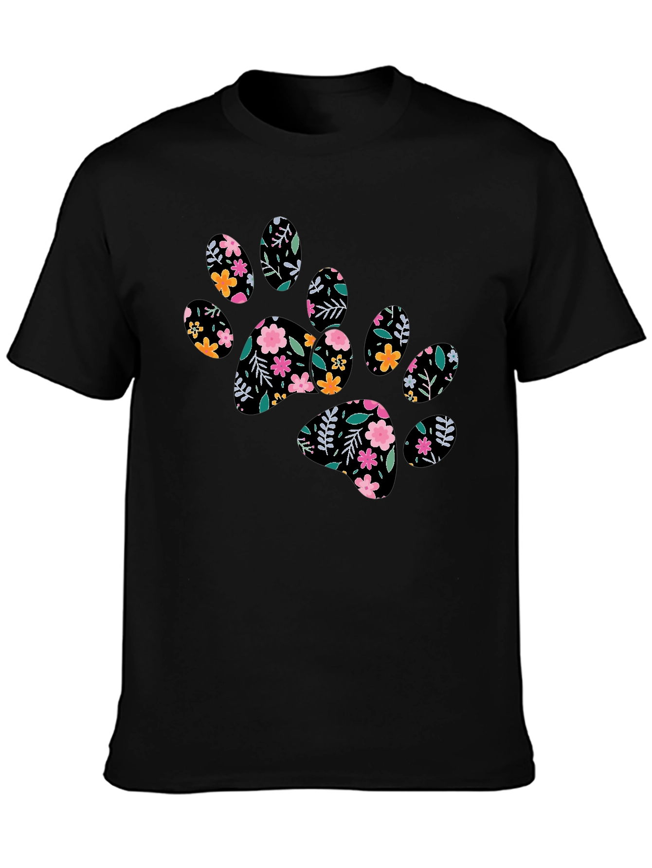 Floral Paw Print Black T-Shirt
