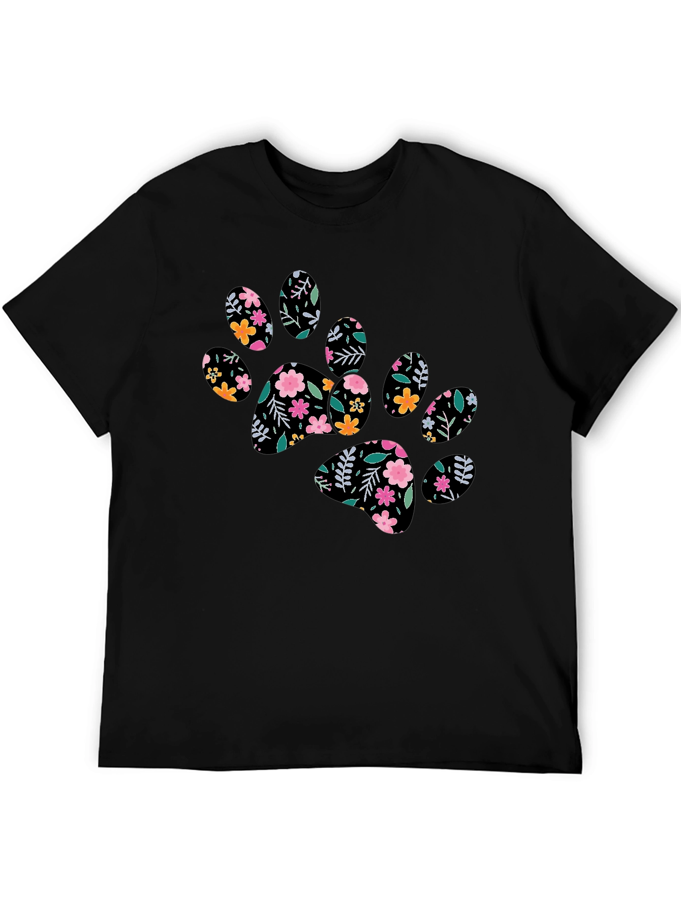 Floral Paw Print Black T-Shirt