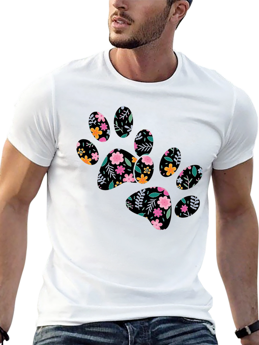 Floral Paw Print Black T-Shirt