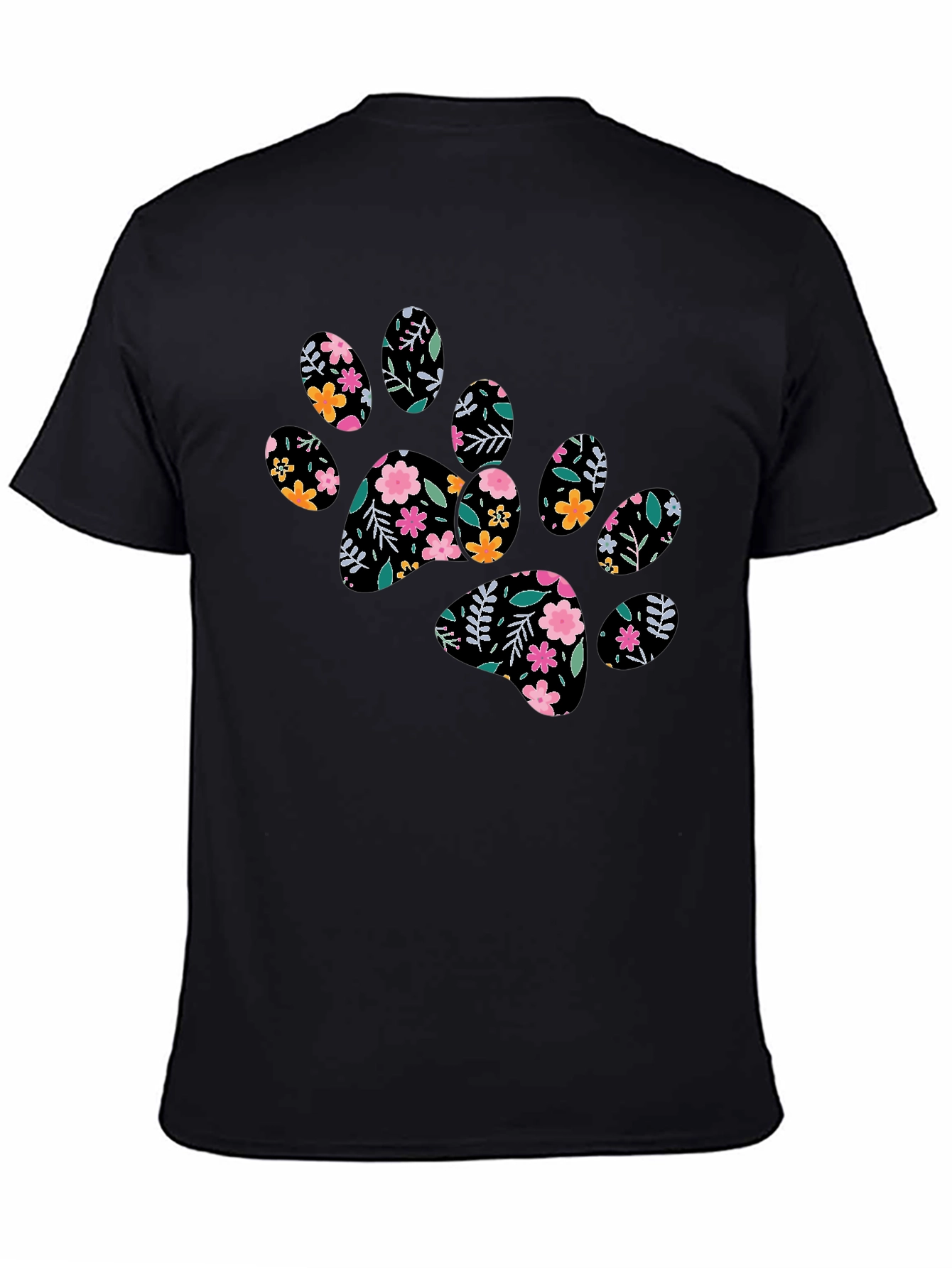 Floral Paw Print Black T-Shirt
