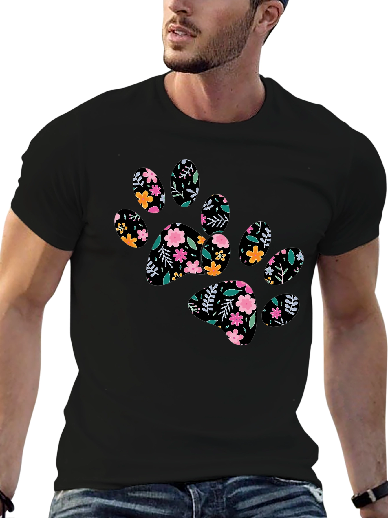 Floral Paw Print Black T-Shirt