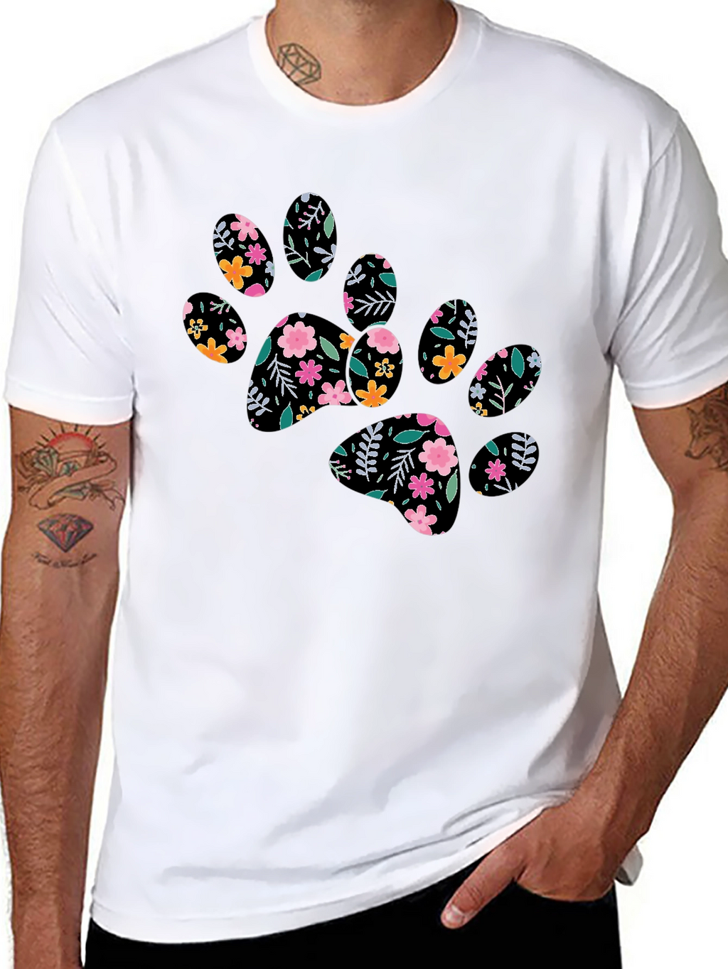 Floral Paw Print Black T-Shirt