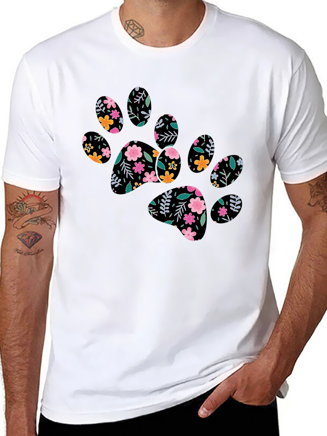 Floral Paw Print Black T-Shirt