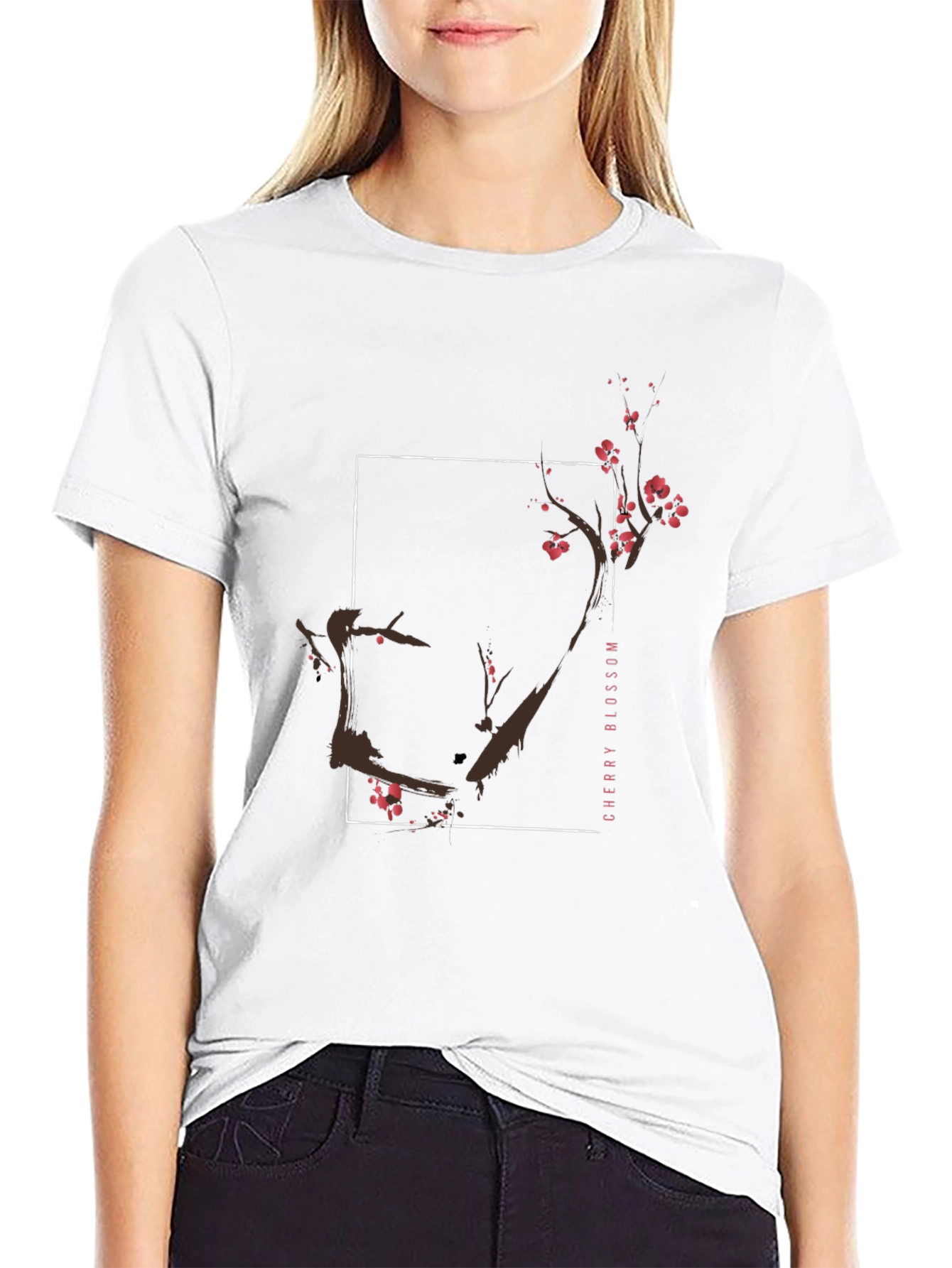Cherry Blossom Graphic Tee - Black Cotton T-Shirt