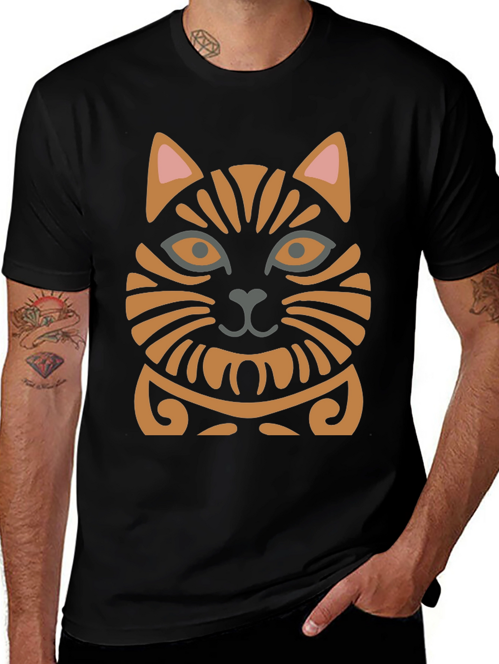 Tribal Cat Graphic Tee - Unique Design!