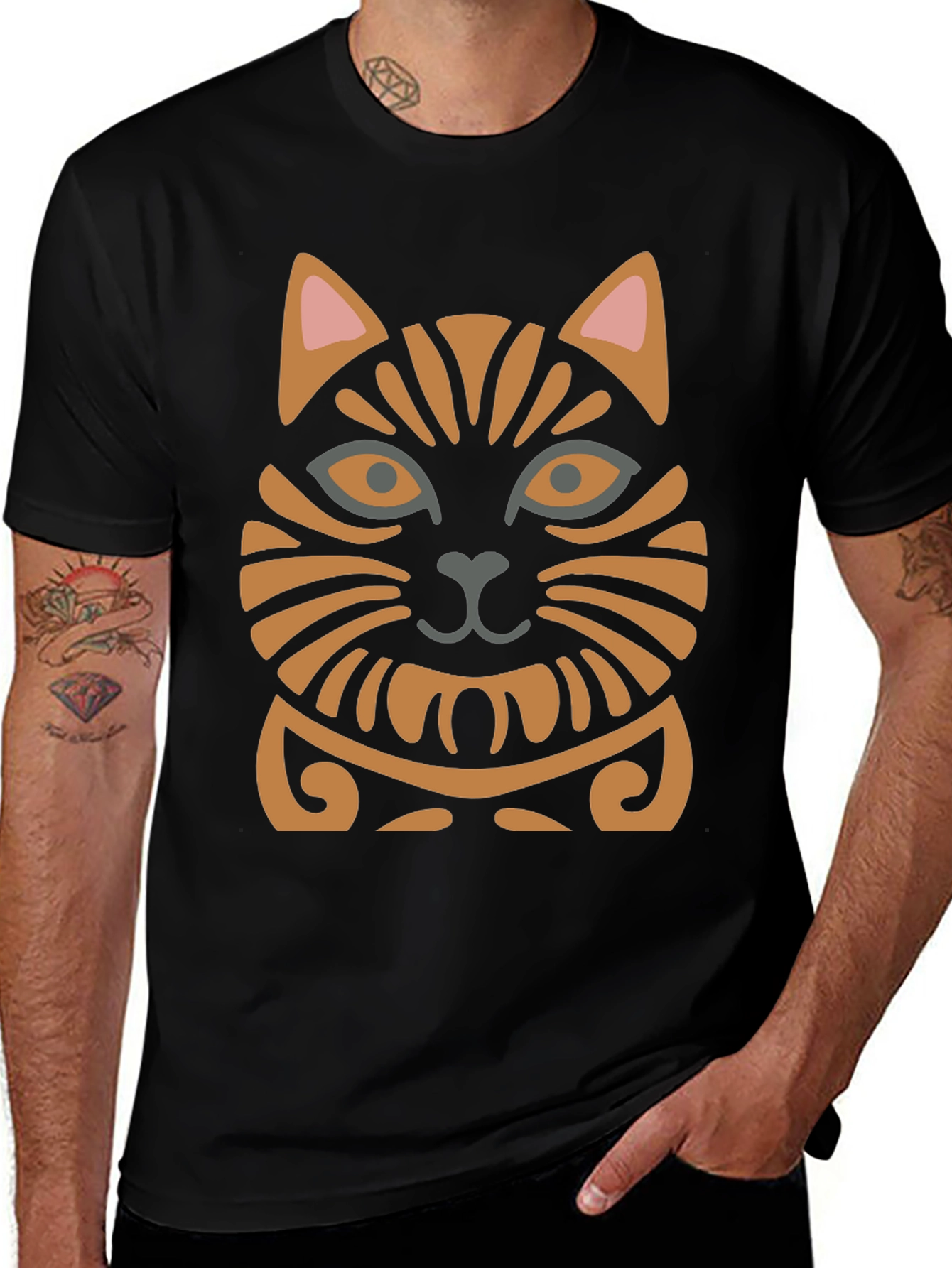 Tribal Cat Graphic Tee - Unique Design!