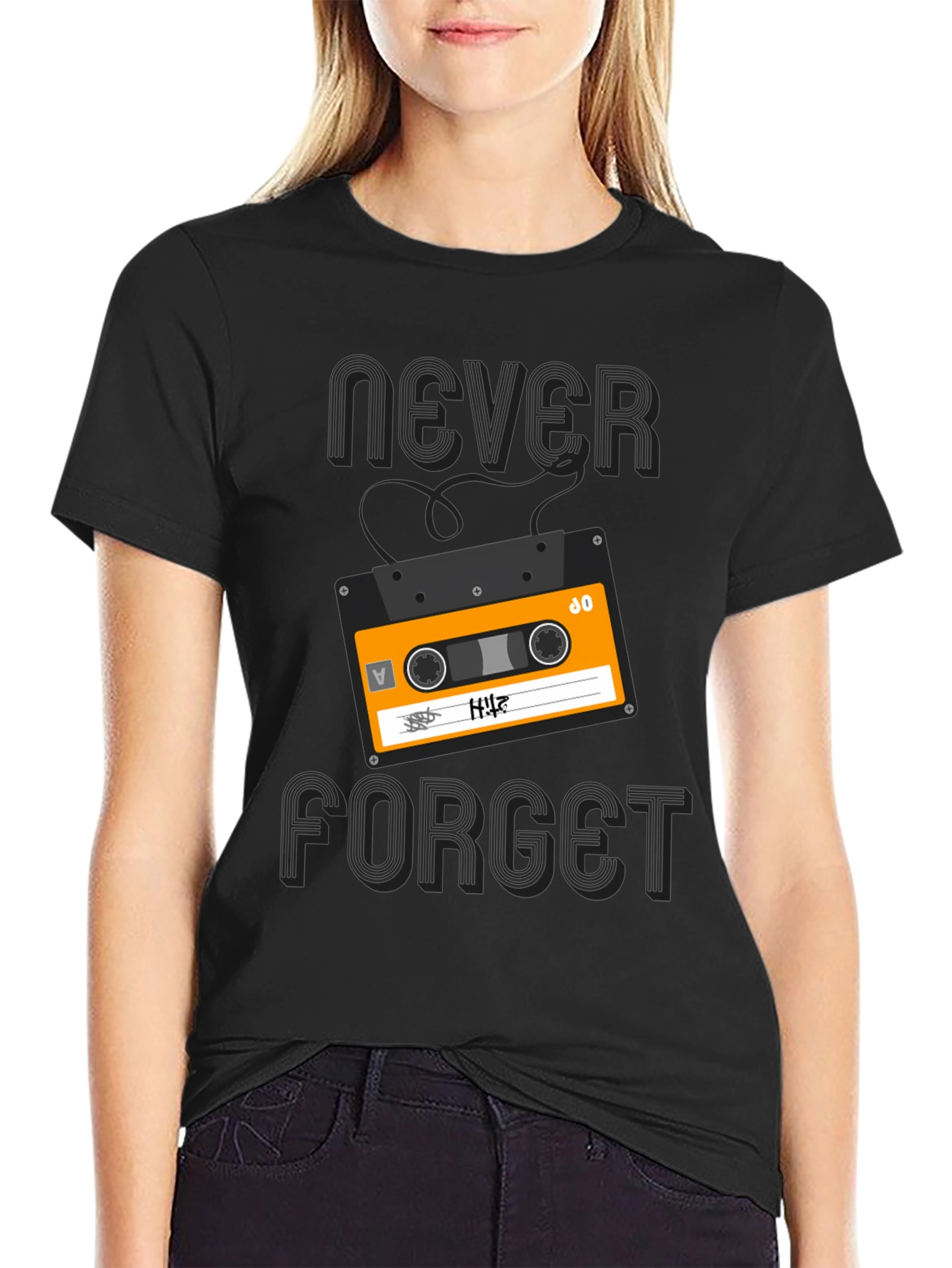 Retro Cassette Never Forget Graphic Tee - Black