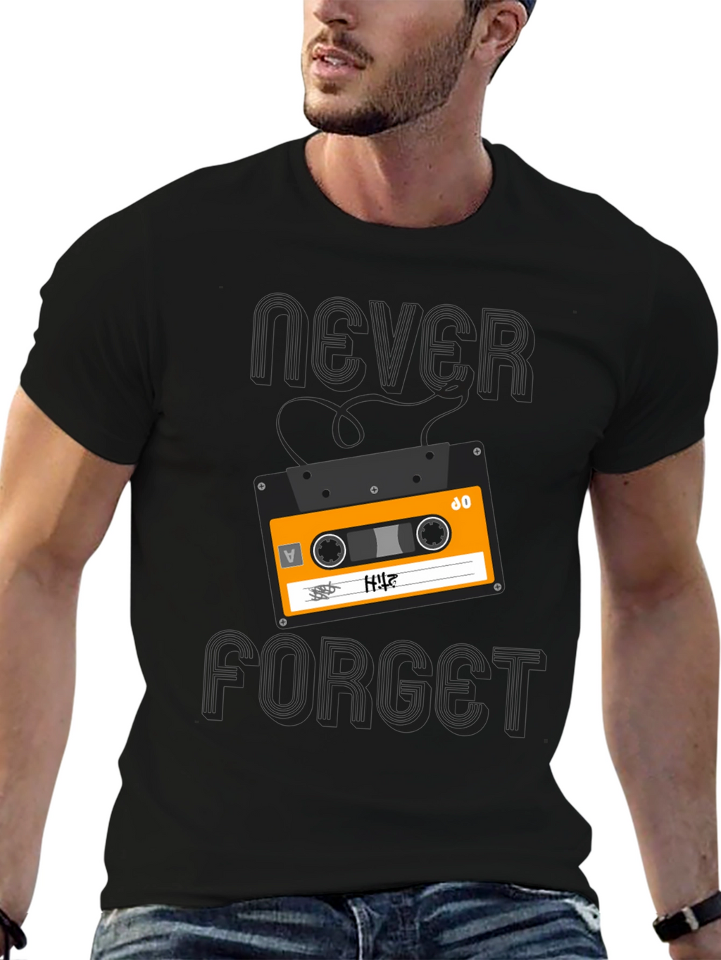 Retro Cassette Never Forget Graphic Tee - Black