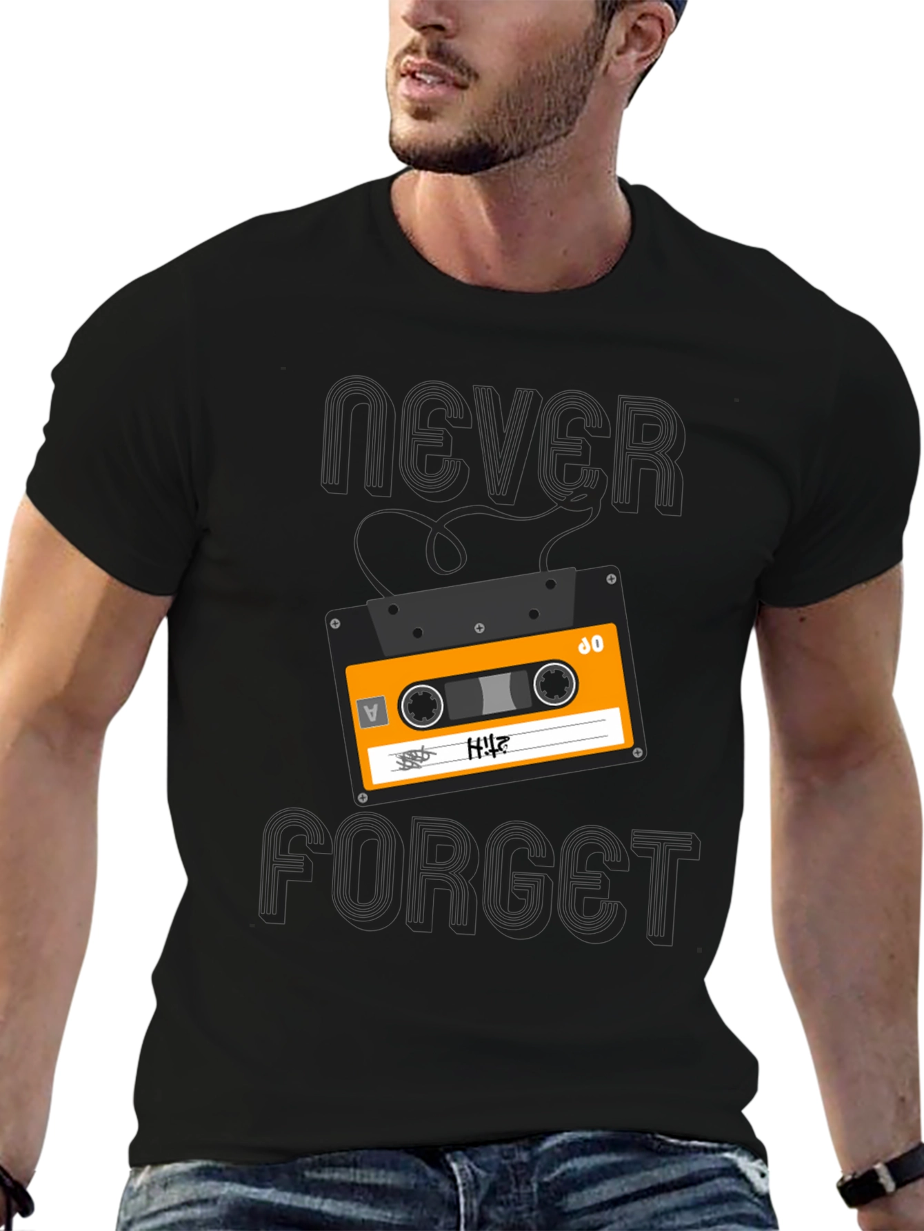 Retro Cassette Never Forget Graphic Tee - Black