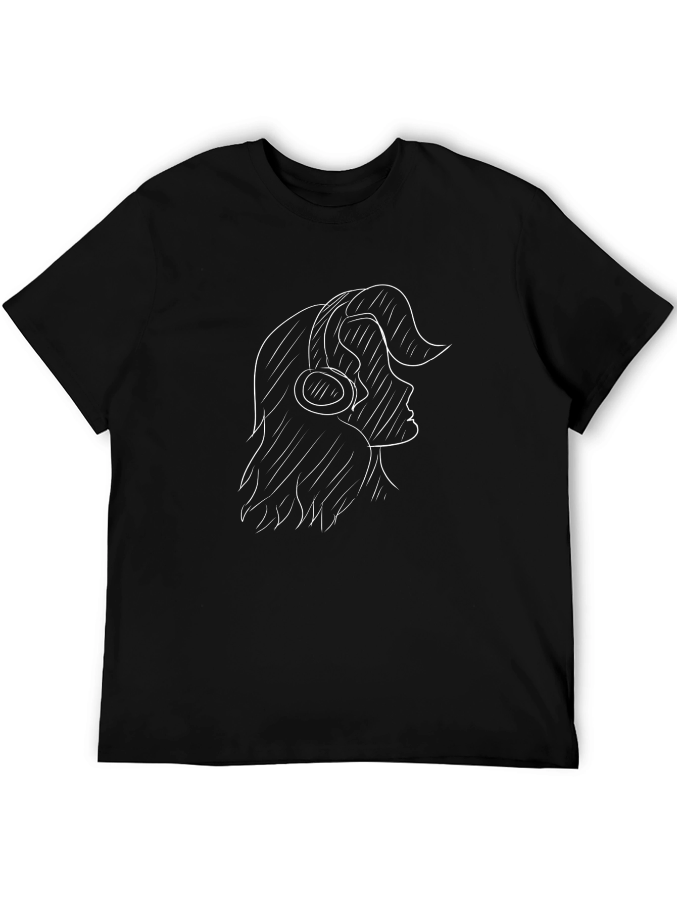 Stylish Black Tee with Artistic Headphones Girl Design