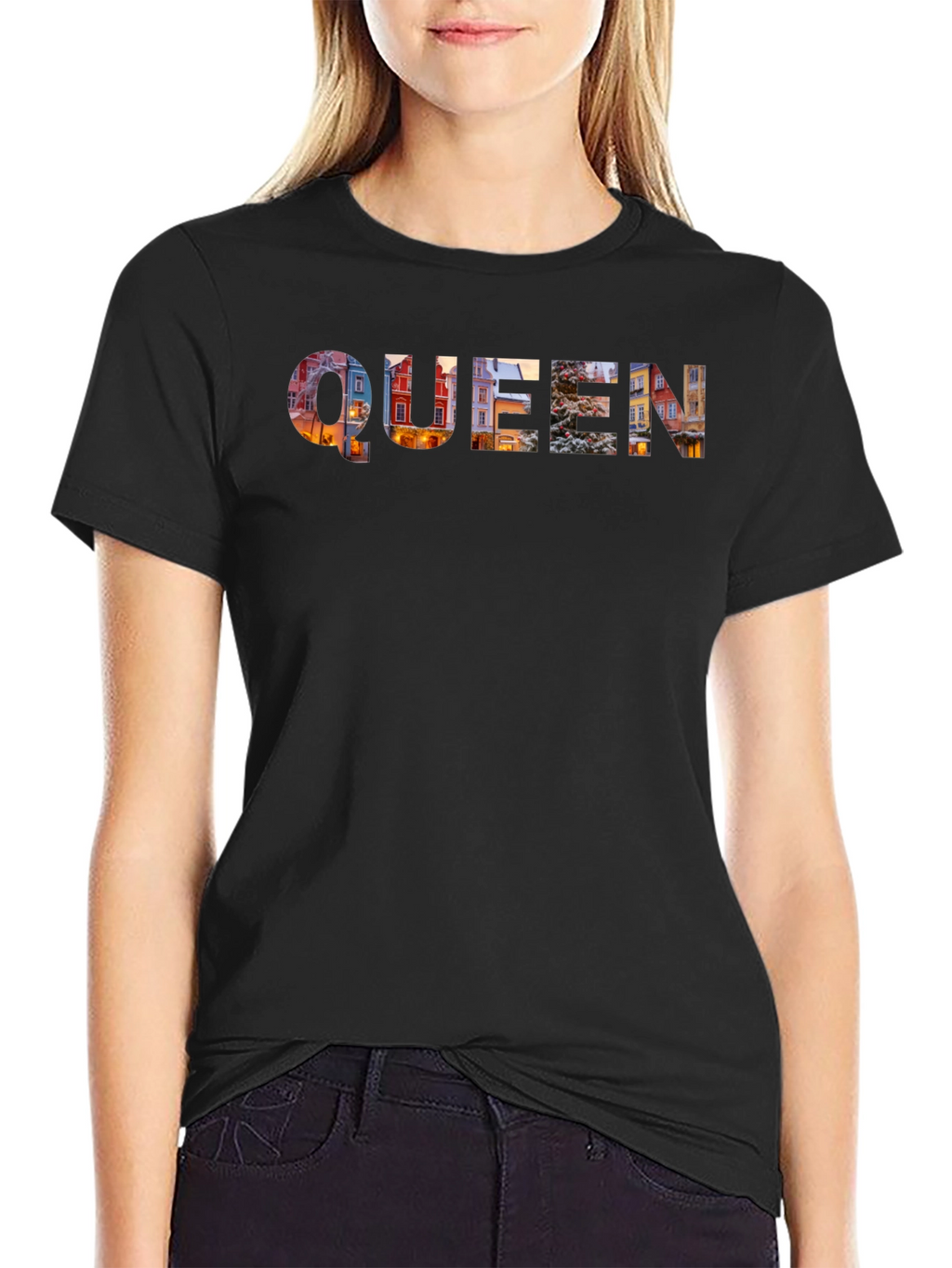 Queen Cityscape Print Black T-Shirt