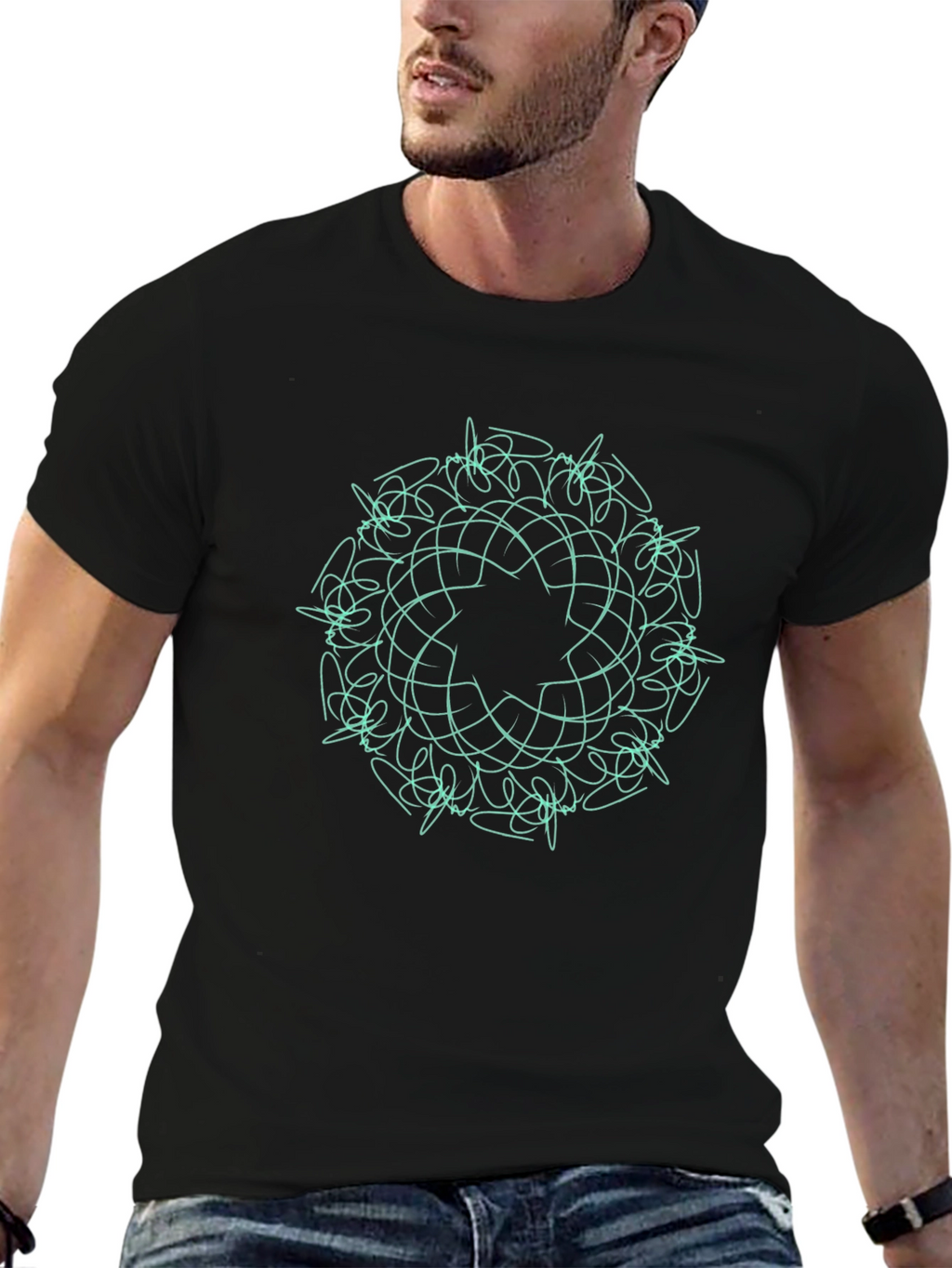 Black T-Shirt with Teal Geometric Mandala Design
