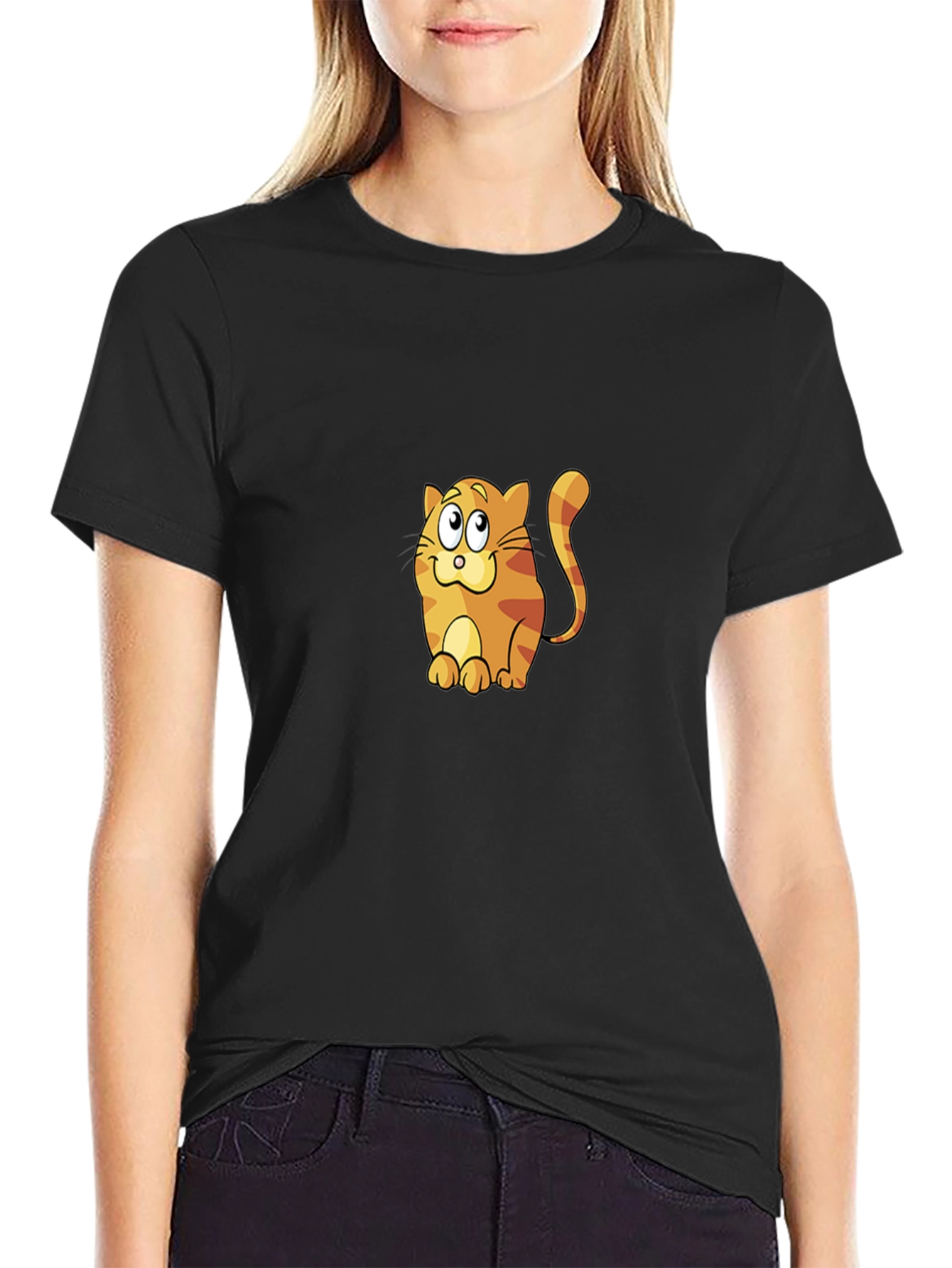 Cute Cartoon Cat Graphic Tee - Unisex Black T-Shirt