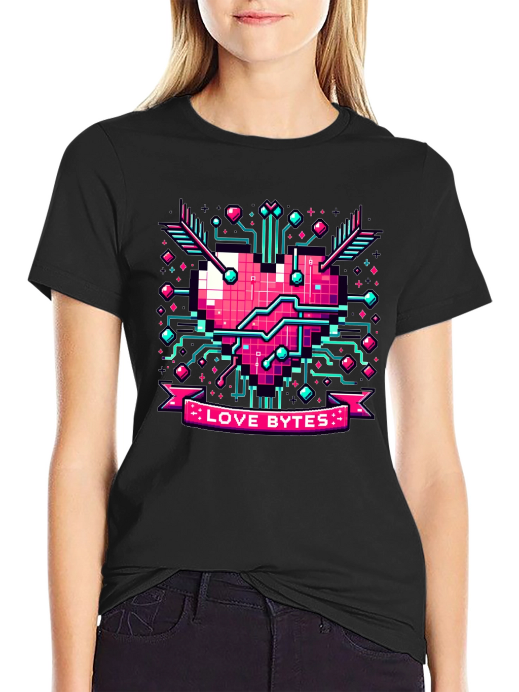 Love Bytes Pixel Heart Graphic Tee