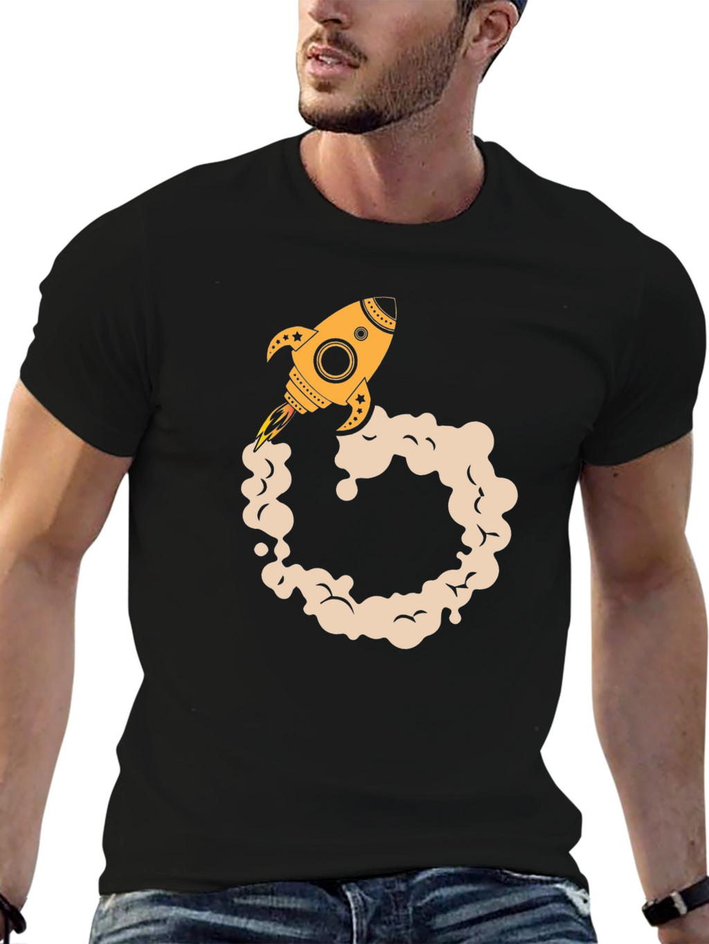 Rocket Launch Graphic Tee - Black Cotton Blend T-Shirt