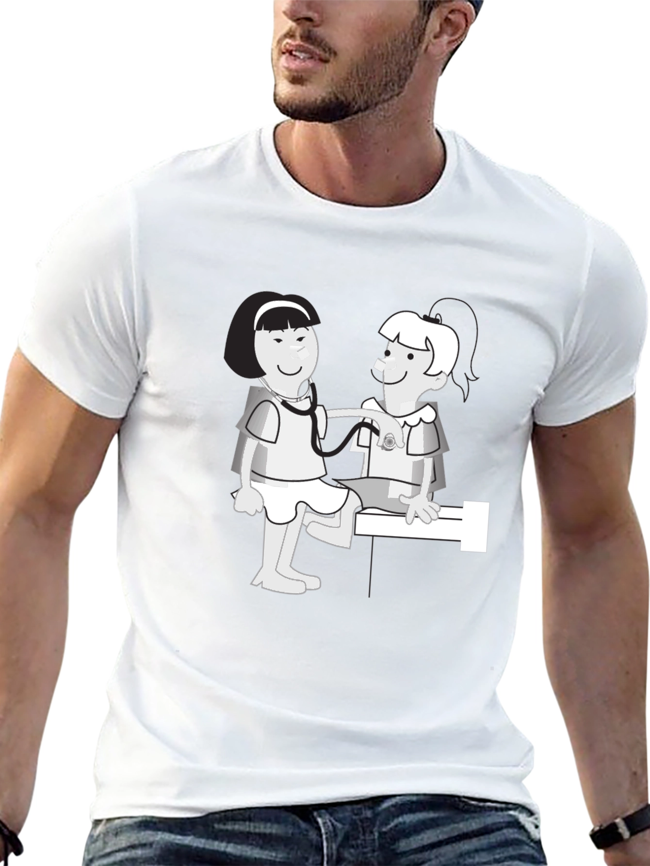 Cartoon Nurse Graphic T-Shirt - Classic Crew Neck