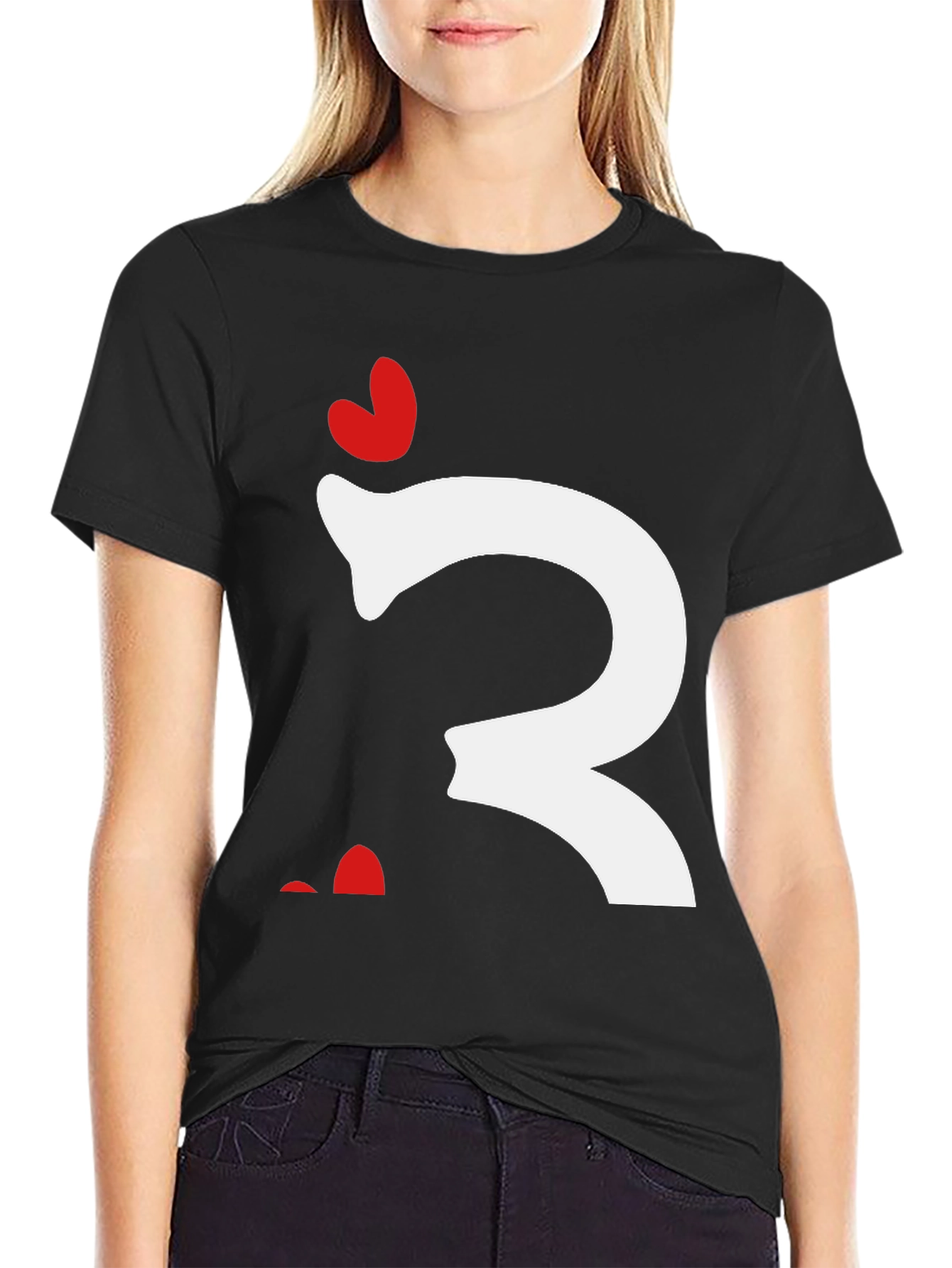 Quirky Heart Letter T-Shirt - Black Cotton Tee