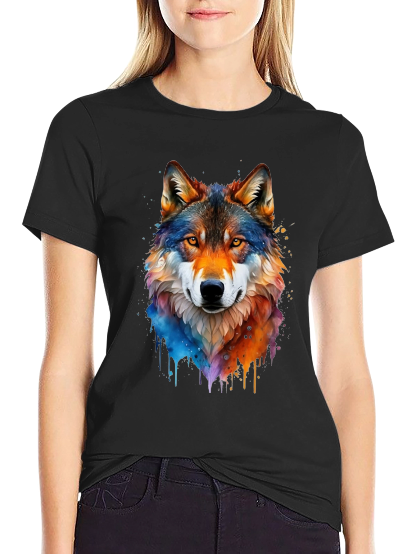Watercolor Wolf Graphic Tee - Mens Black T-Shirt