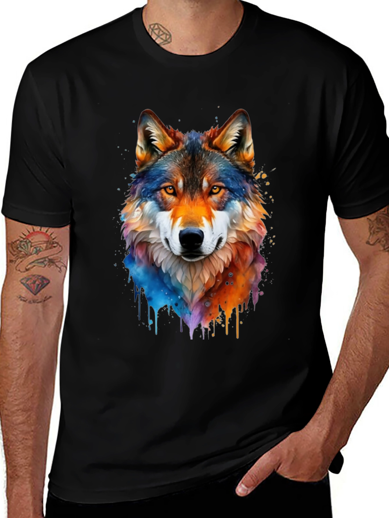 Watercolor Wolf Graphic Tee - Mens Black T-Shirt