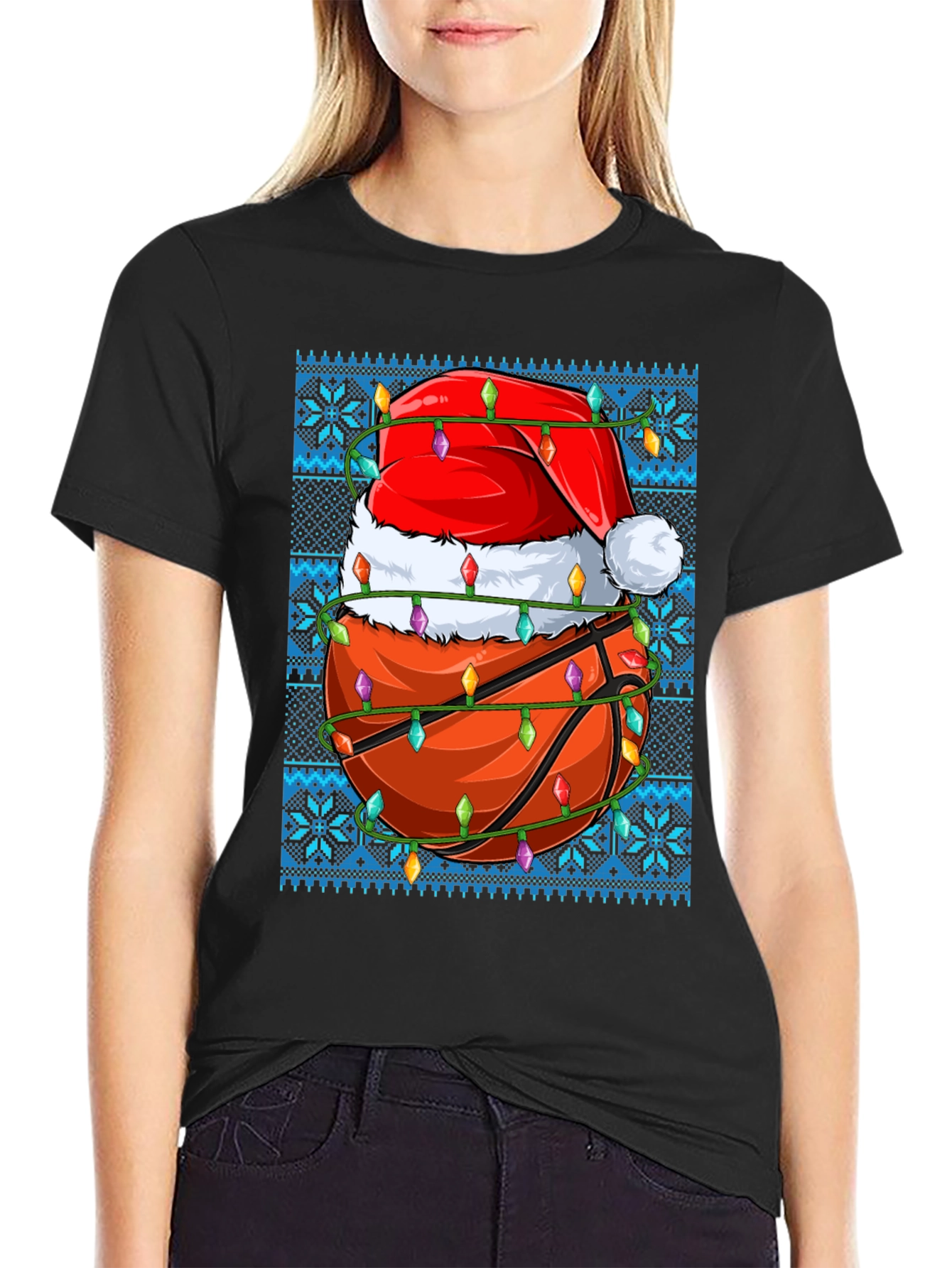 Festive Basketball Santa Hat Ugly Christmas T-Shirt