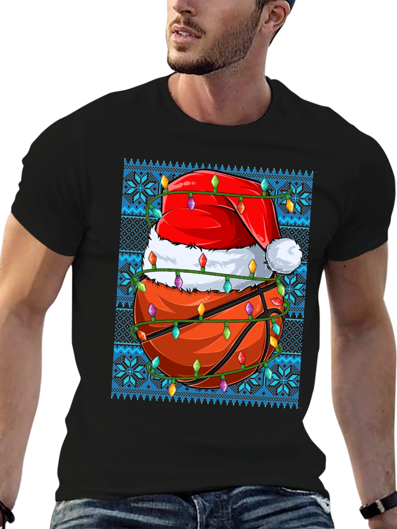 Festive Basketball Santa Hat Ugly Christmas T-Shirt