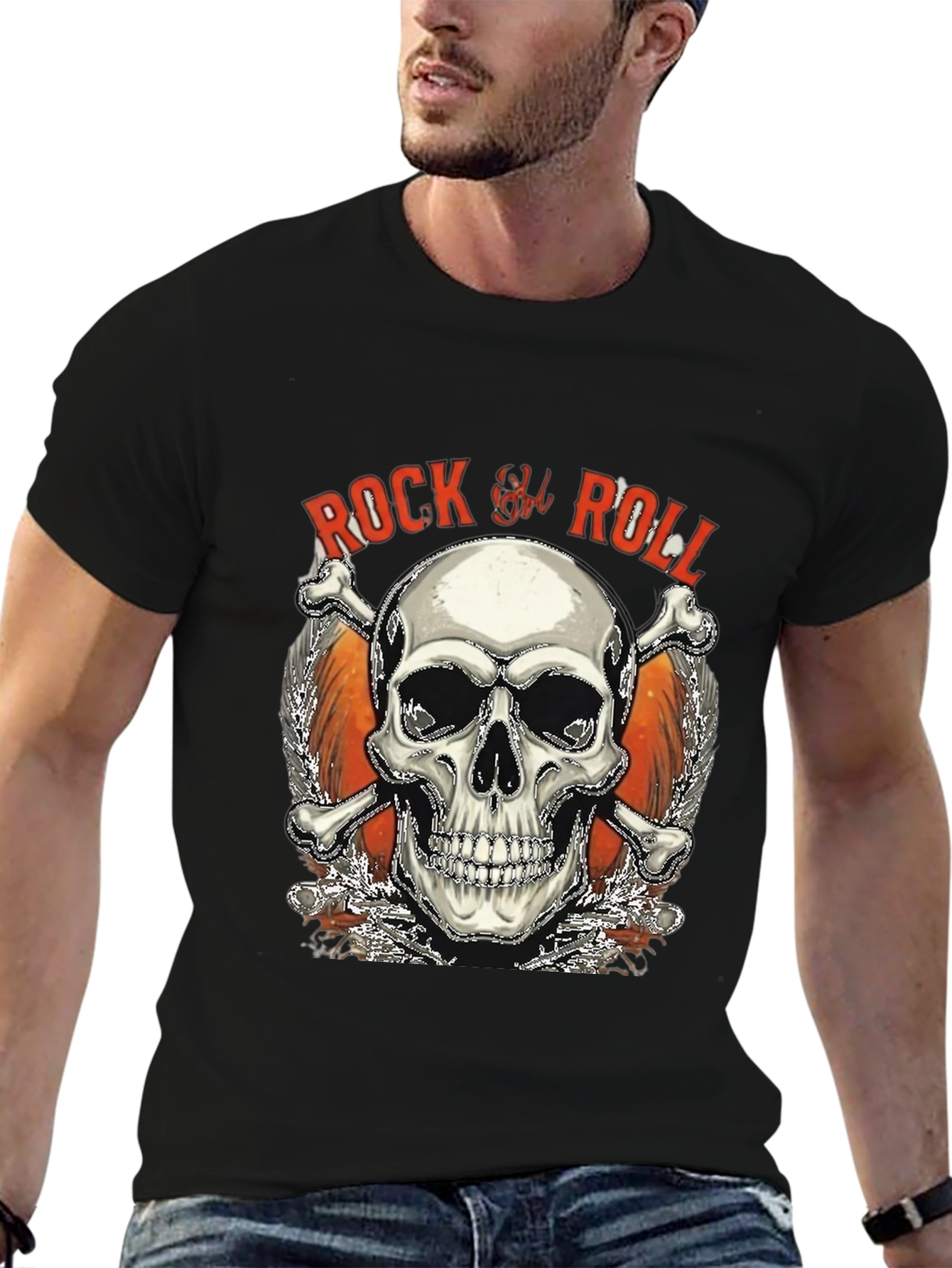 Rock & Roll Skull Graphic T-Shirt - Black